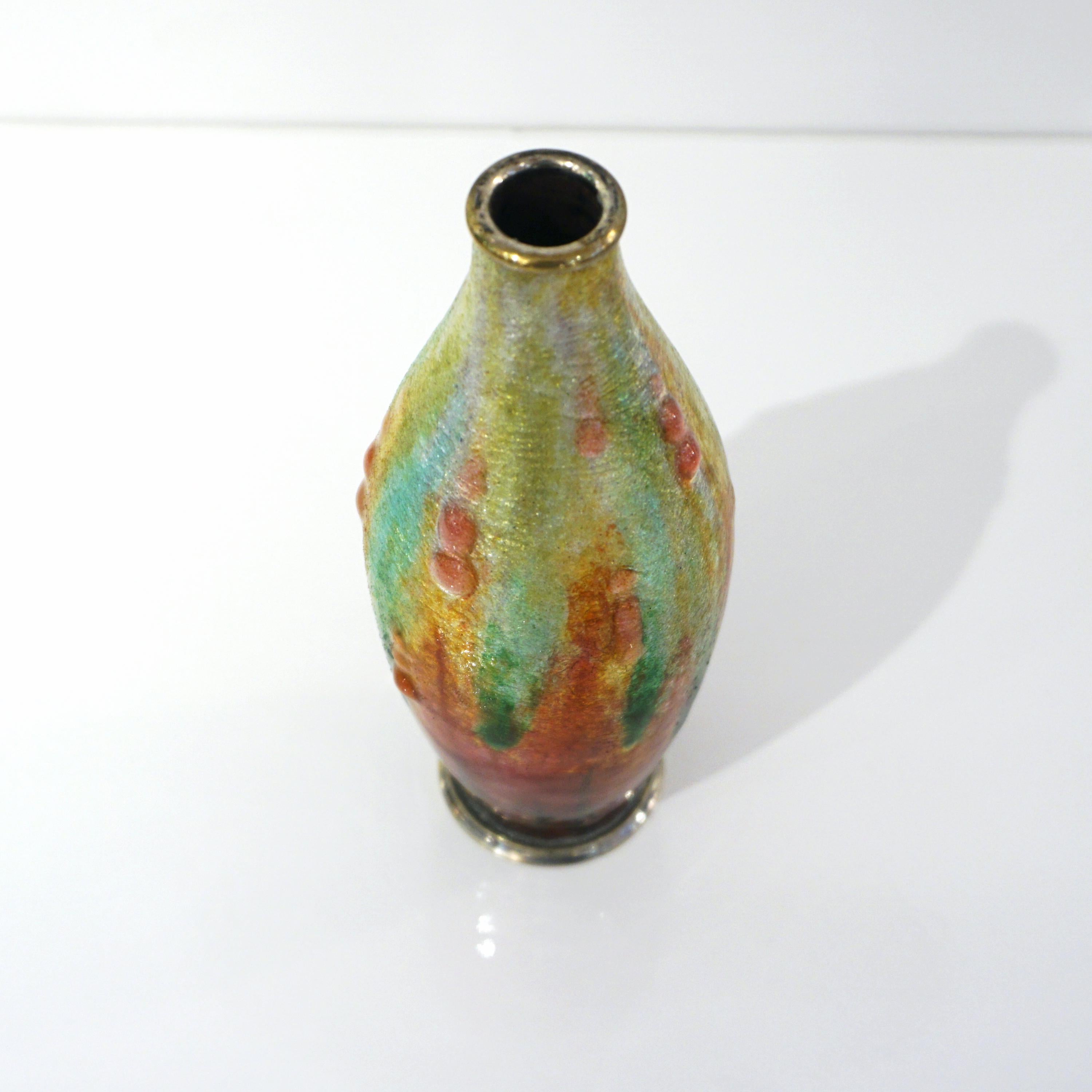 Camille Faure Art Nouveau French Limoges Yellow Green Red Enamels Copper Vase In Excellent Condition For Sale In New York, NY