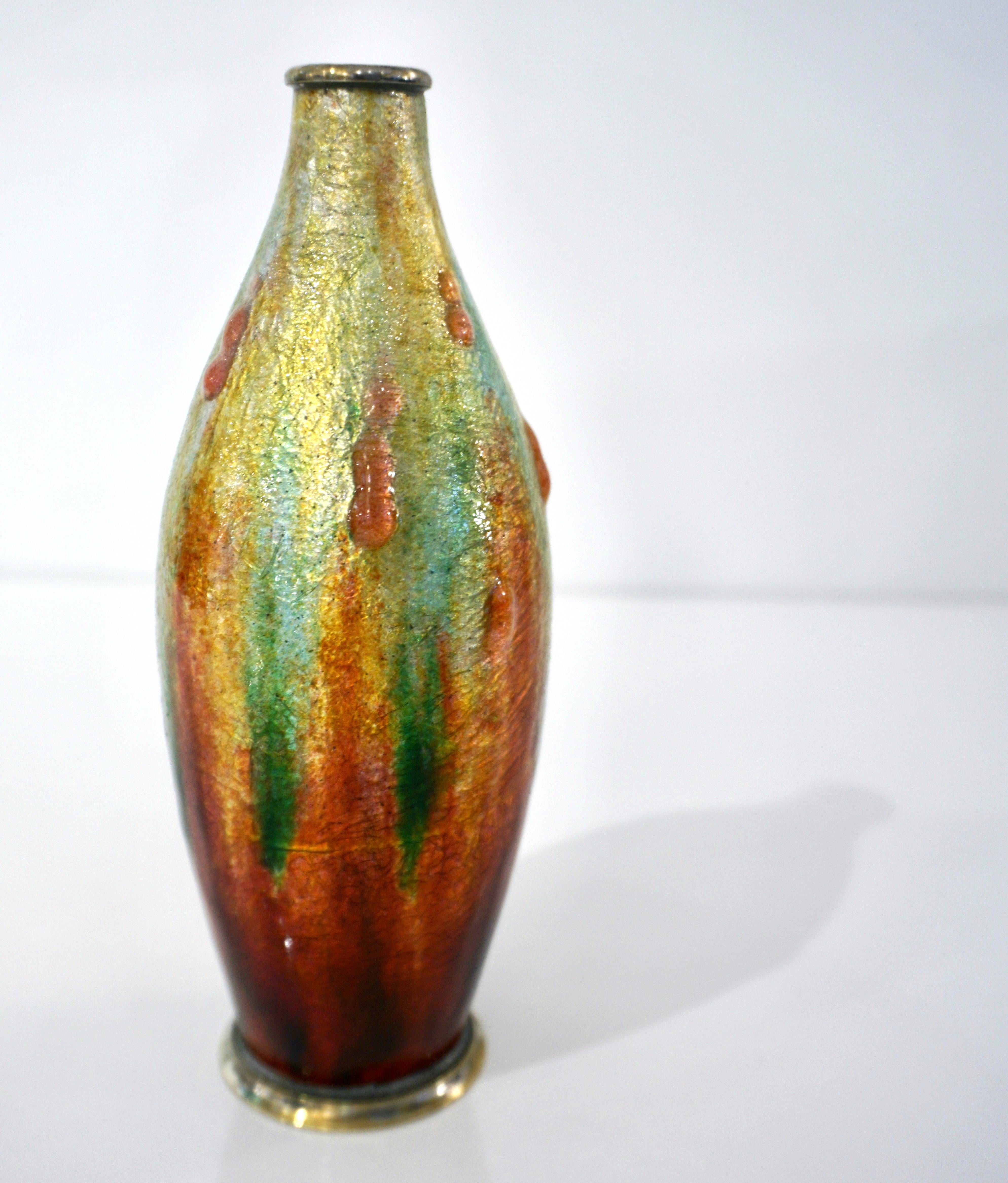 Camille Faure Art Nouveau French Limoges Yellow Green Red Enamels Copper Vase For Sale 2