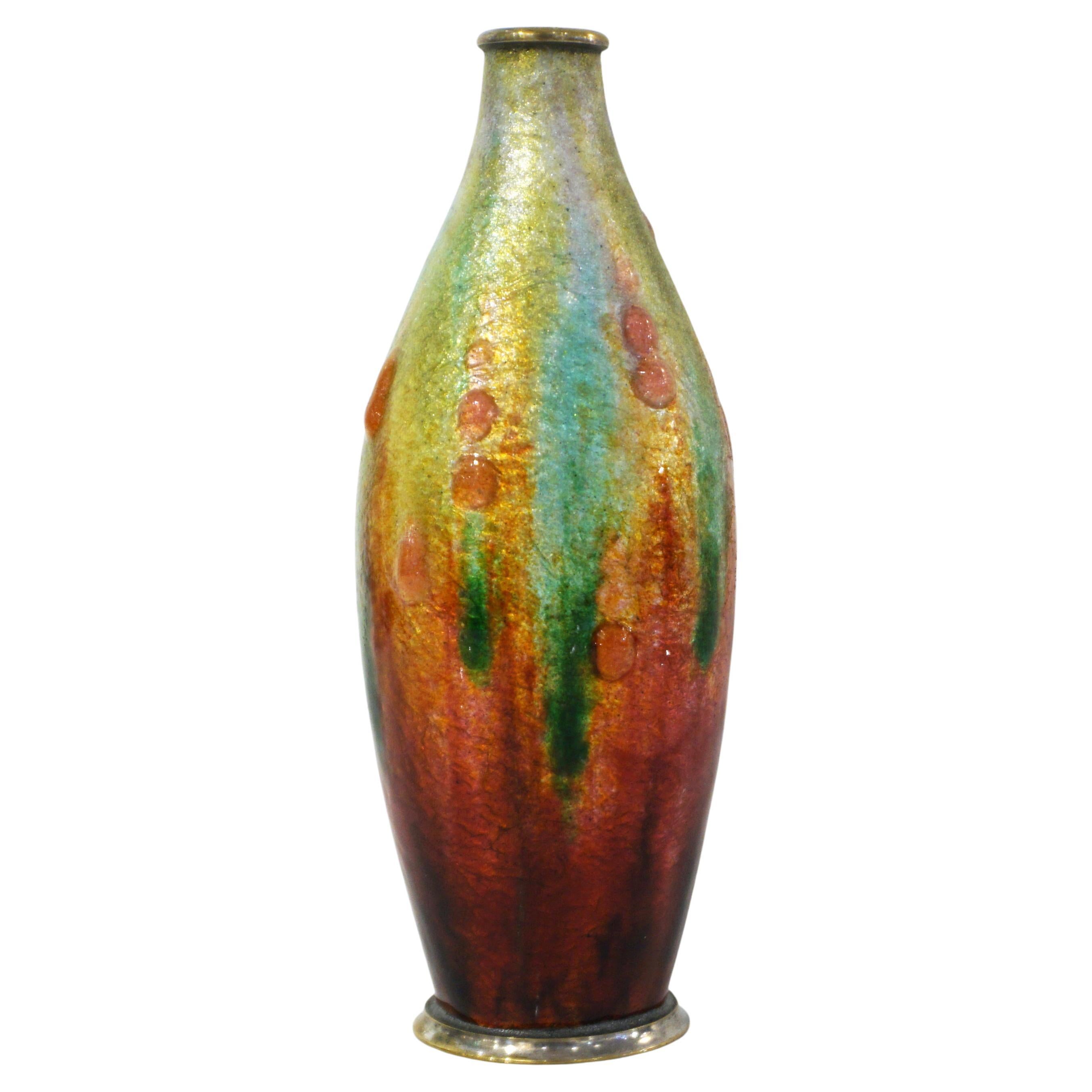 Camille Faure Art Nouveau French Limoges Yellow Green Red Enamels Copper Vase For Sale