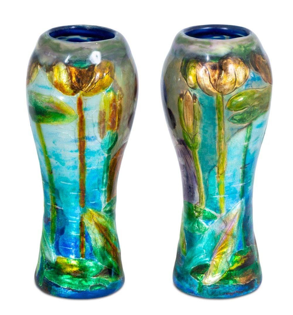 Art nouveau Camille Faure Attr. Vases à portrait en émail, paire en vente