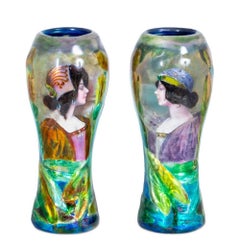 Camille Faure Attr. Enamel Portrait Vases, Pair