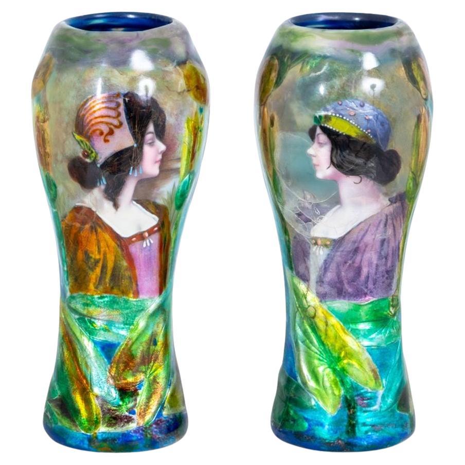 Camille Faure Attr. Vases à portrait en émail, paire en vente