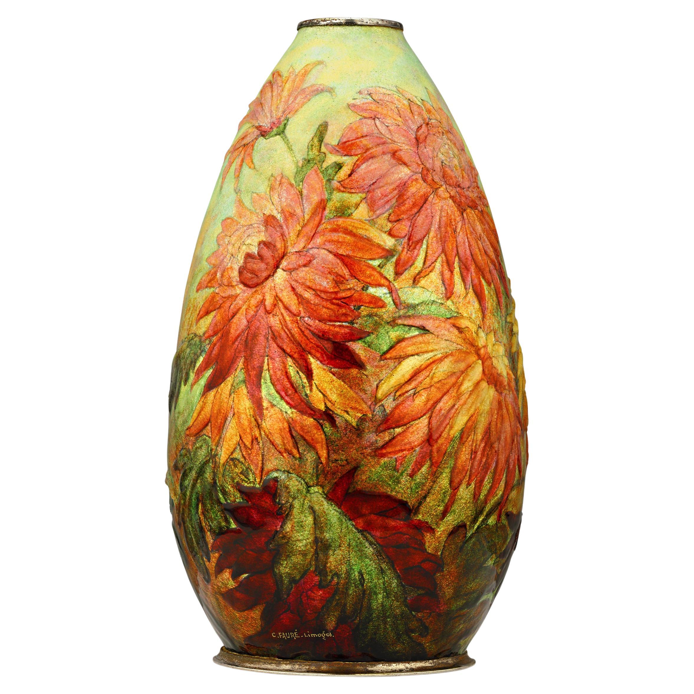 Camille Fauré Enamel Chrysanthemum Vase