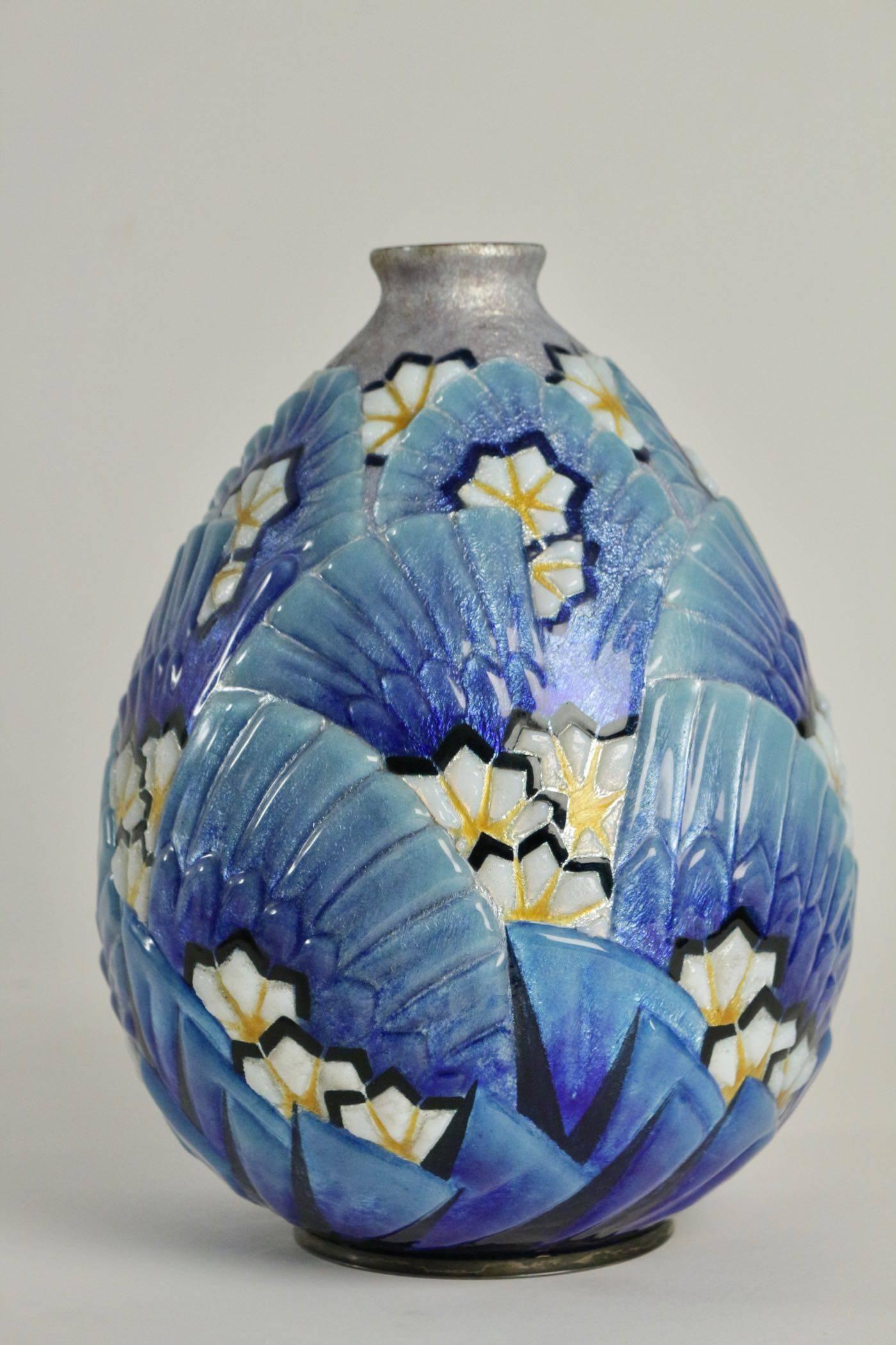 Art Deco Camille Faure Enameled Copper Vase