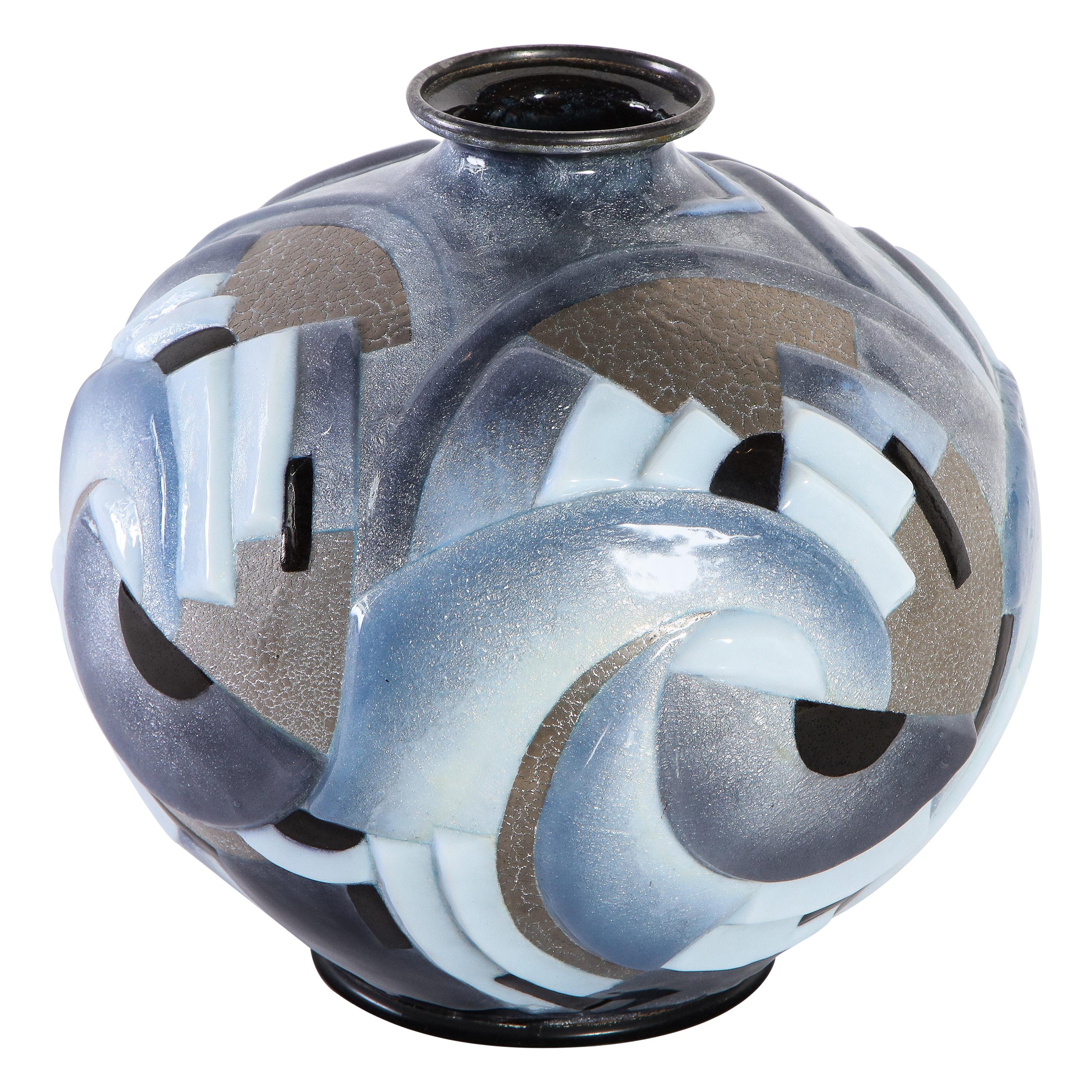 Camille Fauré Enameled Metal Vase with Multi-Color Enamel Geometric Motif Design For Sale