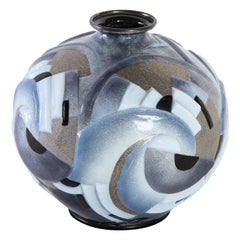 Camille Fauré Enameled Metal Vase with Multi-Color Enamel Geometric Motif Design