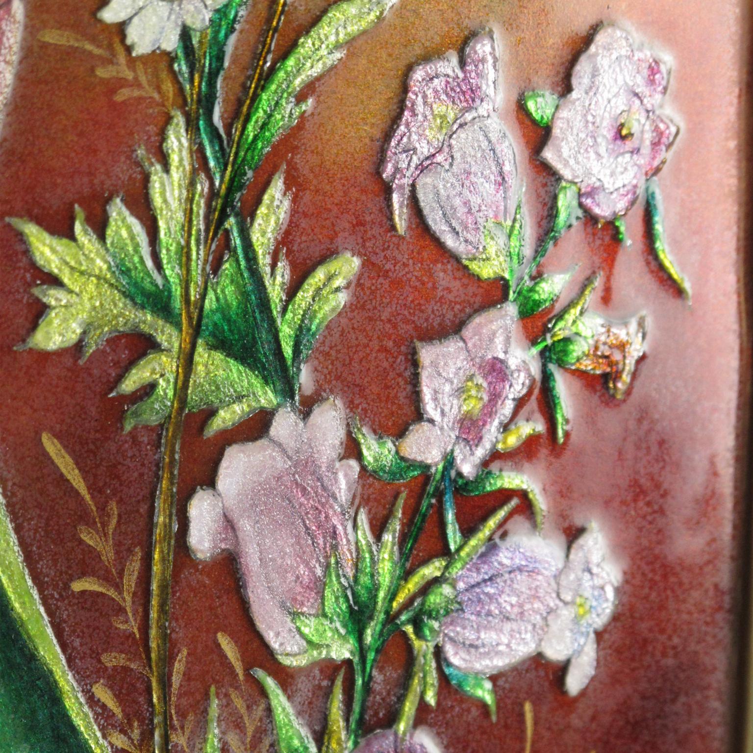 Gerahmte, florale Wandplakette aus Limoges-Emaille mit Blumenmotiv von Camille Faure (Metall) im Angebot