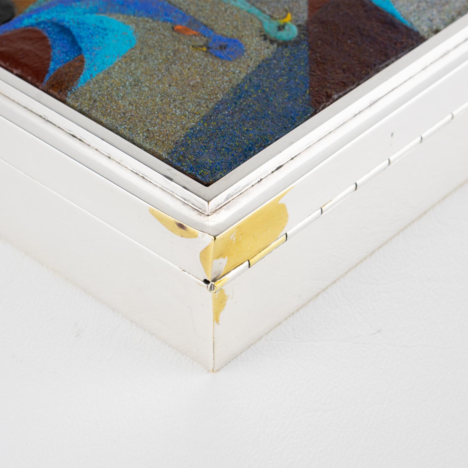 Camille Faure Limoges Modernist Enamel and Silver Plate Artwork Box, circa 1950 For Sale 6