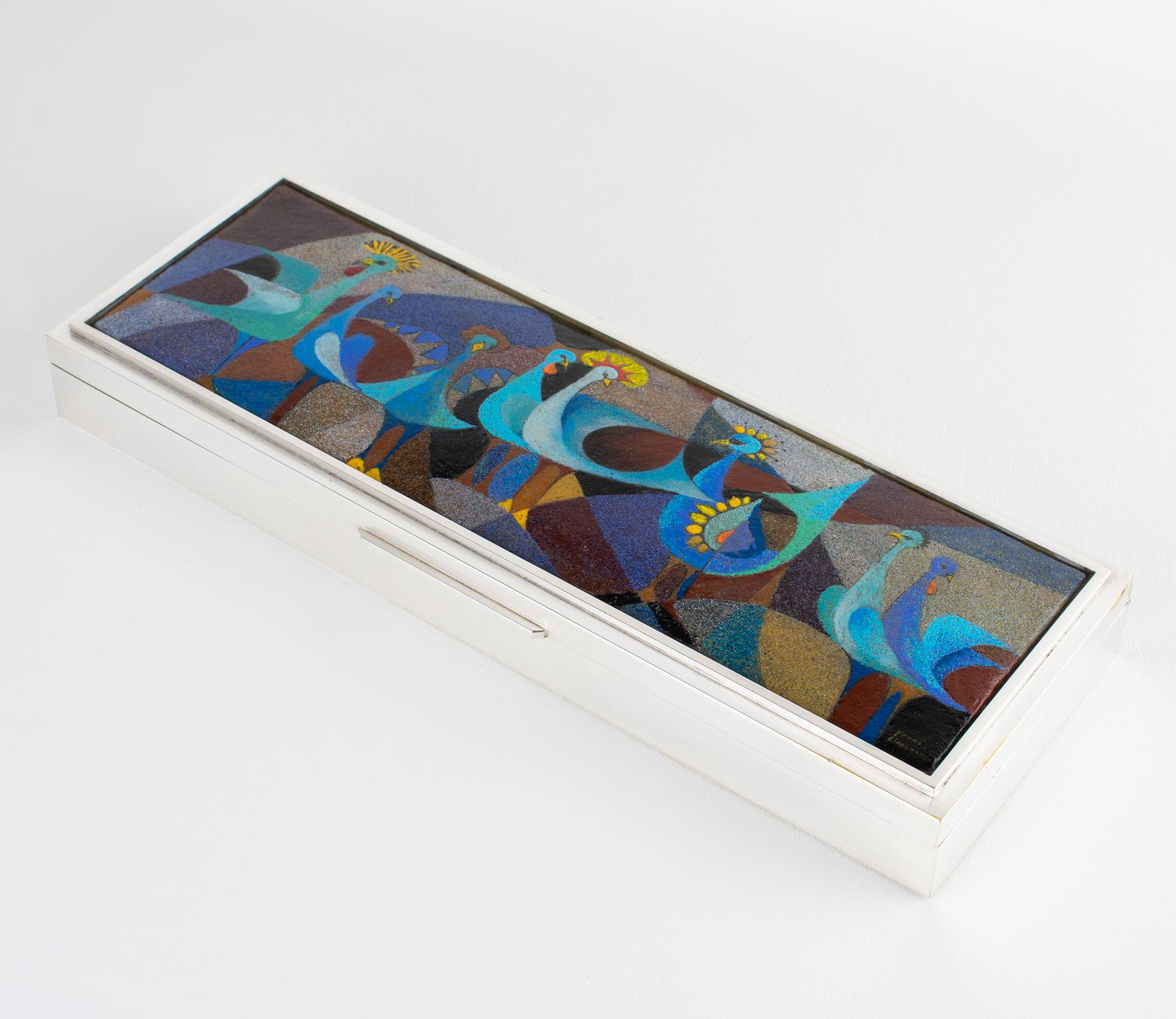 Mid-Century Modern Camille Faure Limoges Modernist Enamel and Silver Plate Artwork Box, circa 1950 For Sale