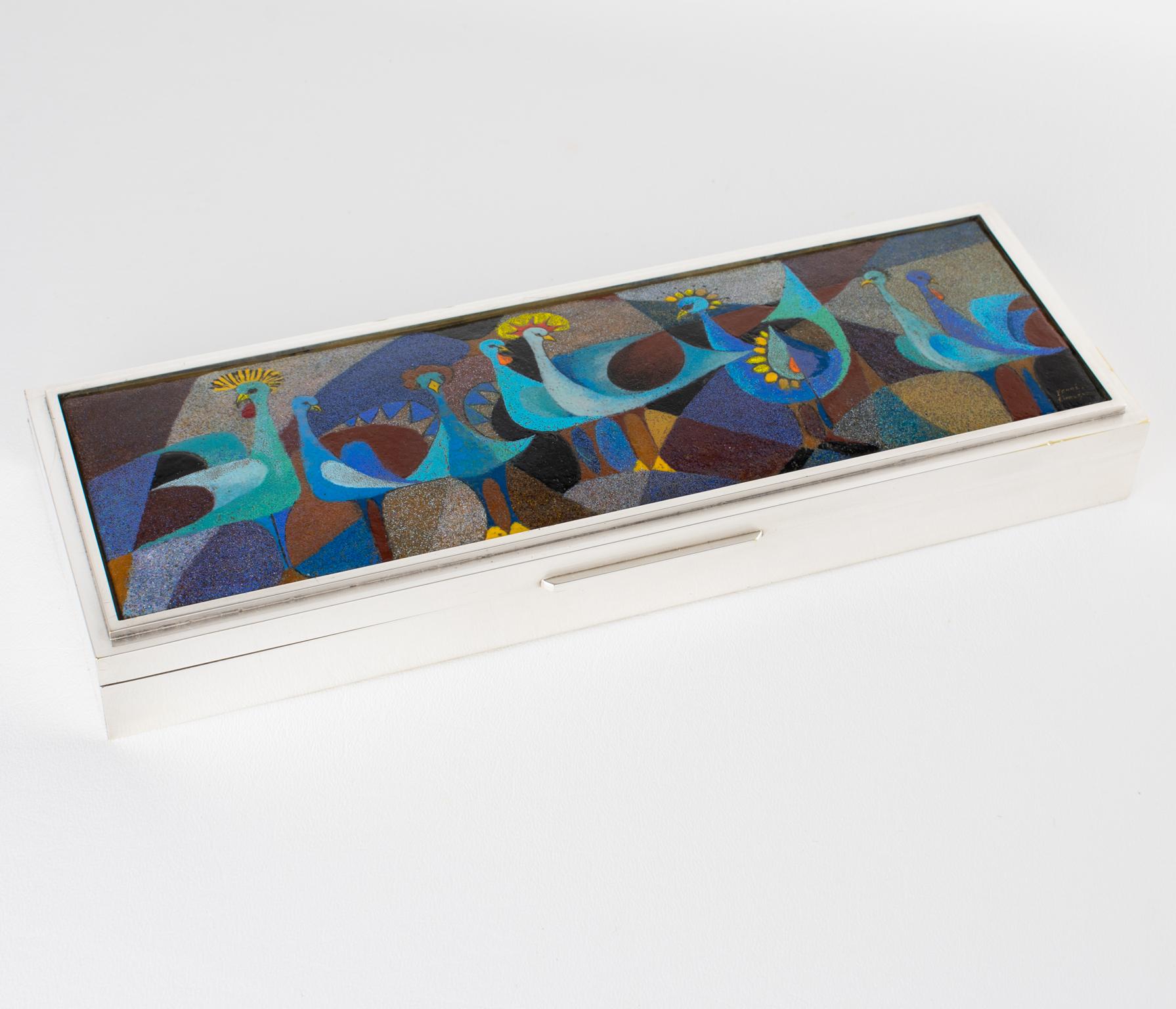 French Camille Faure Limoges Modernist Enamel and Silver Plate Artwork Box, circa 1950 For Sale