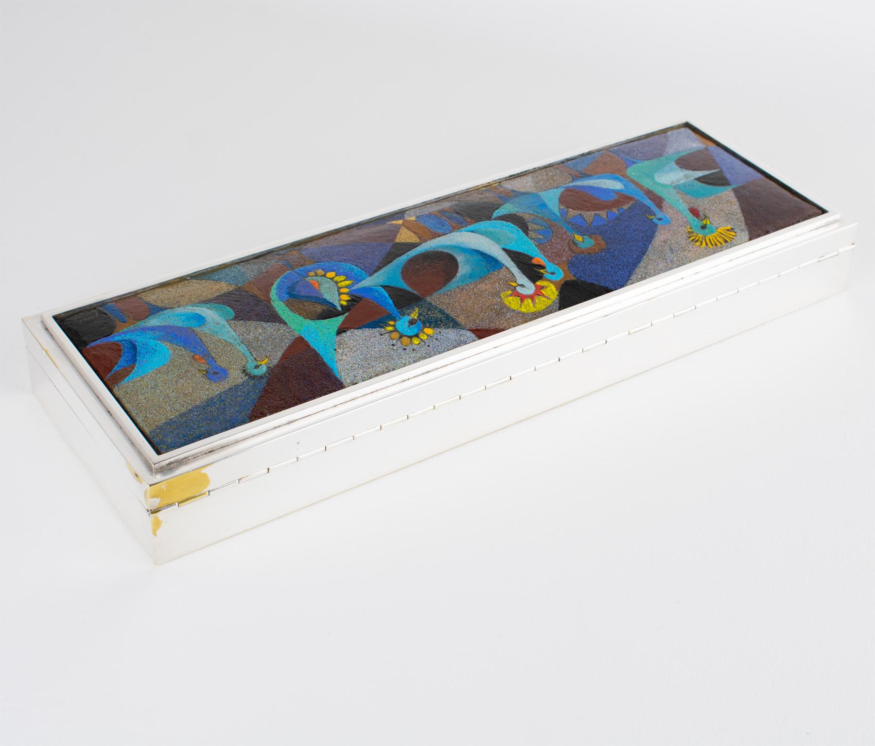 Enameled Camille Faure Limoges Modernist Enamel and Silver Plate Artwork Box, circa 1950 For Sale