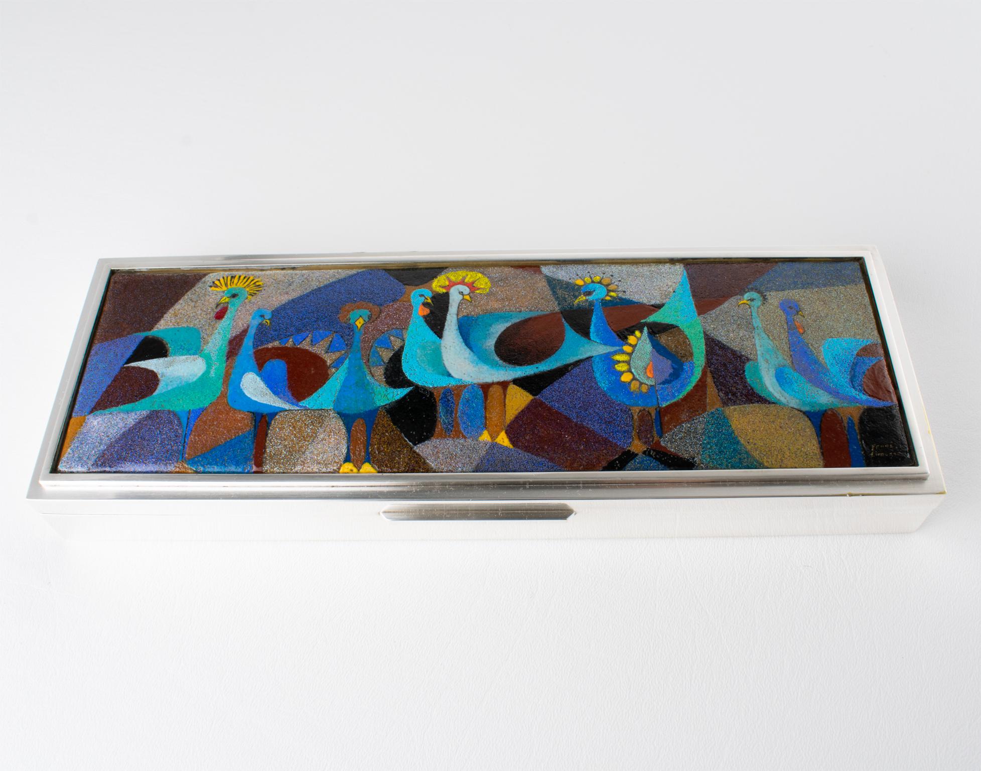 Metal Camille Faure Limoges Modernist Enamel and Silver Plate Artwork Box, circa 1950 For Sale