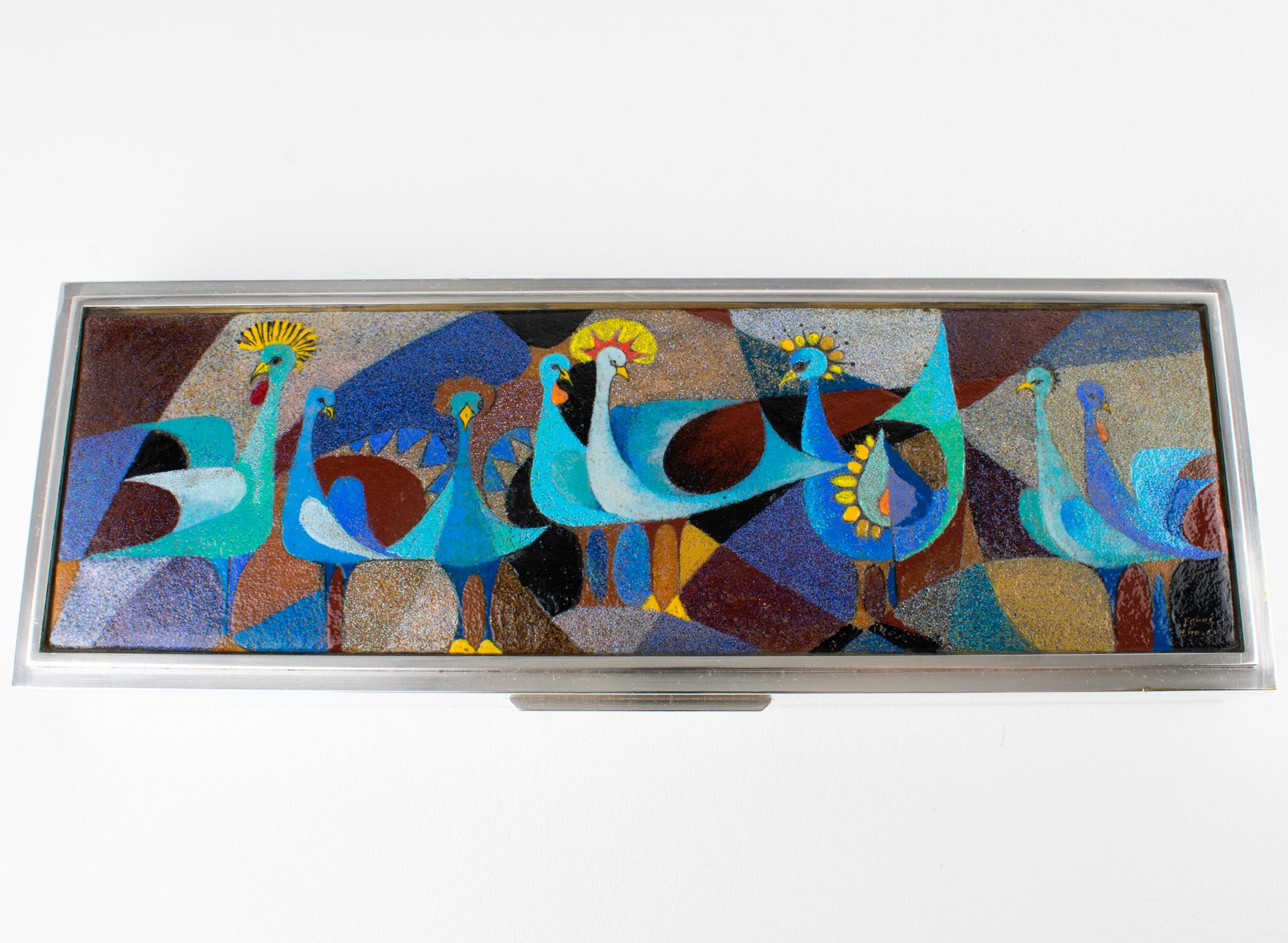 Camille Faure Limoges Modernist Enamel and Silver Plate Artwork Box, circa 1950 For Sale 1