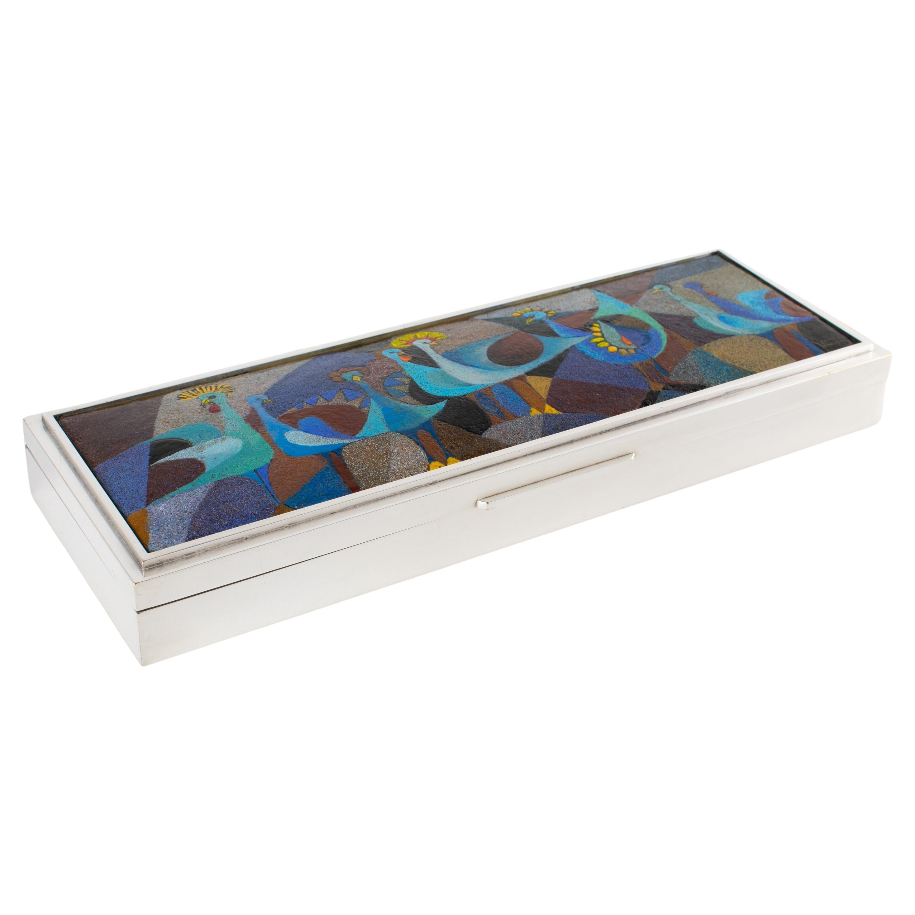 Camille Faure Limoges Modernist Enamel and Silver Plate Artwork Box, circa 1950 For Sale