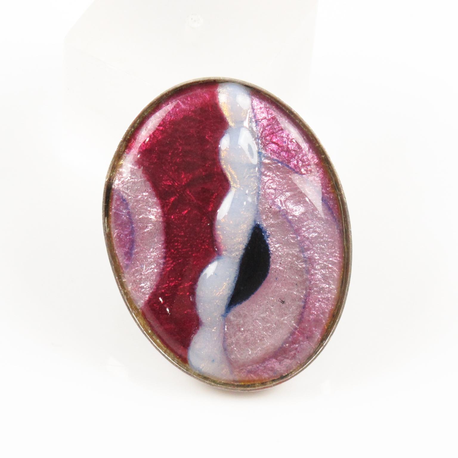 Camille Faure Limoges School Art Deco Inspired Pink Enamel Brooch For Sale 2
