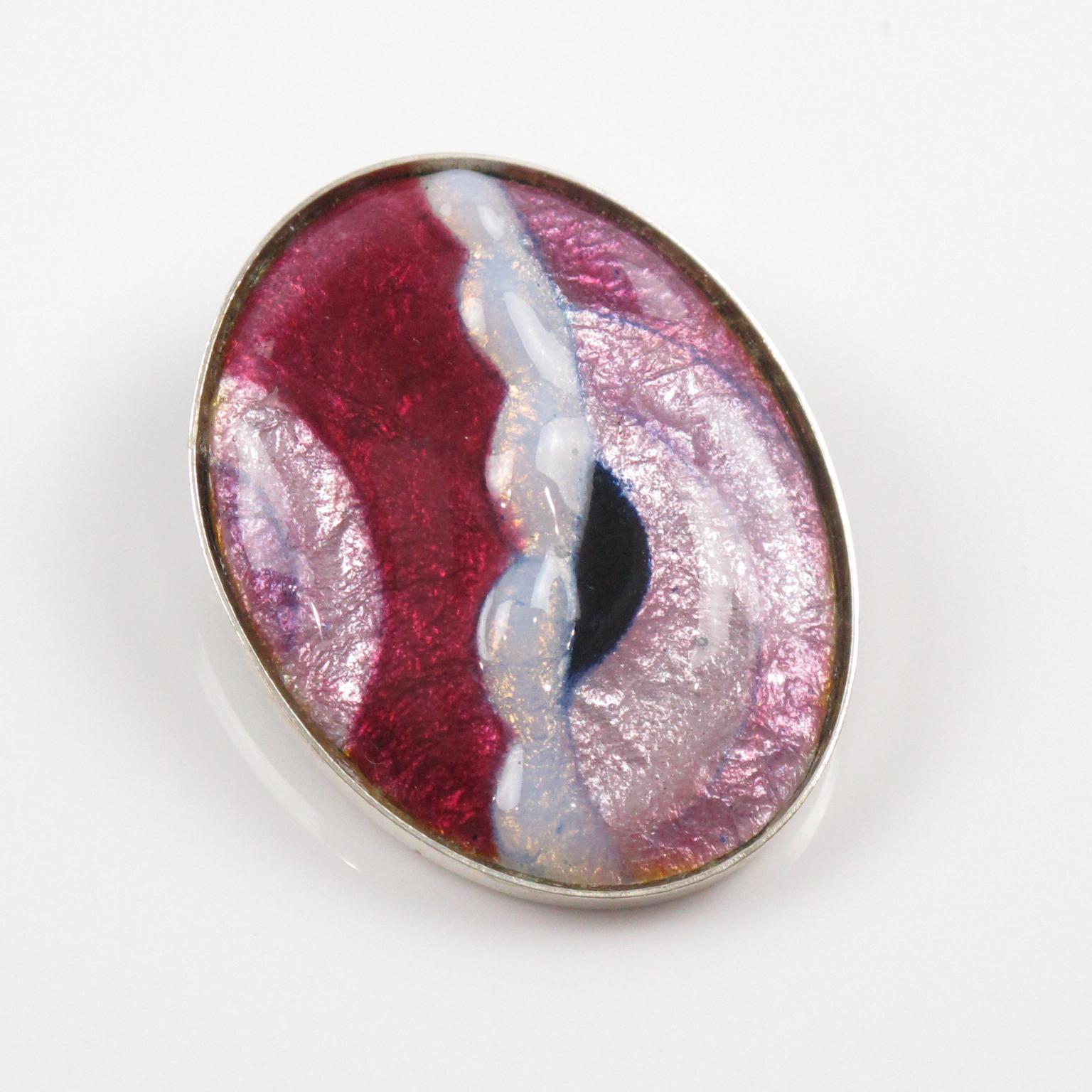 Camille Faure Limoges School Art Deco Inspired Pink Enamel Brooch For Sale 3