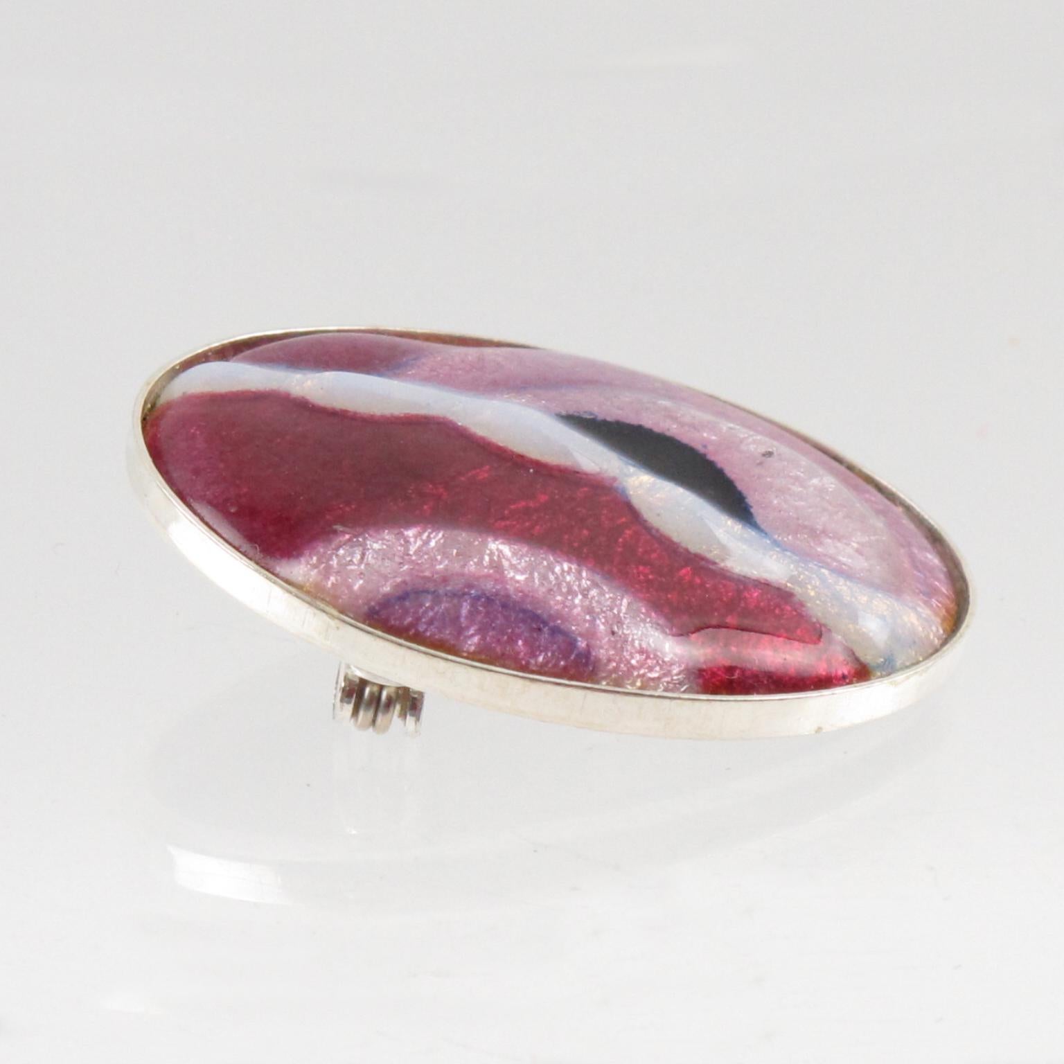 Camille Faure Limoges School Art Deco Inspired Pink Enamel Pin Brooch For Sale 1