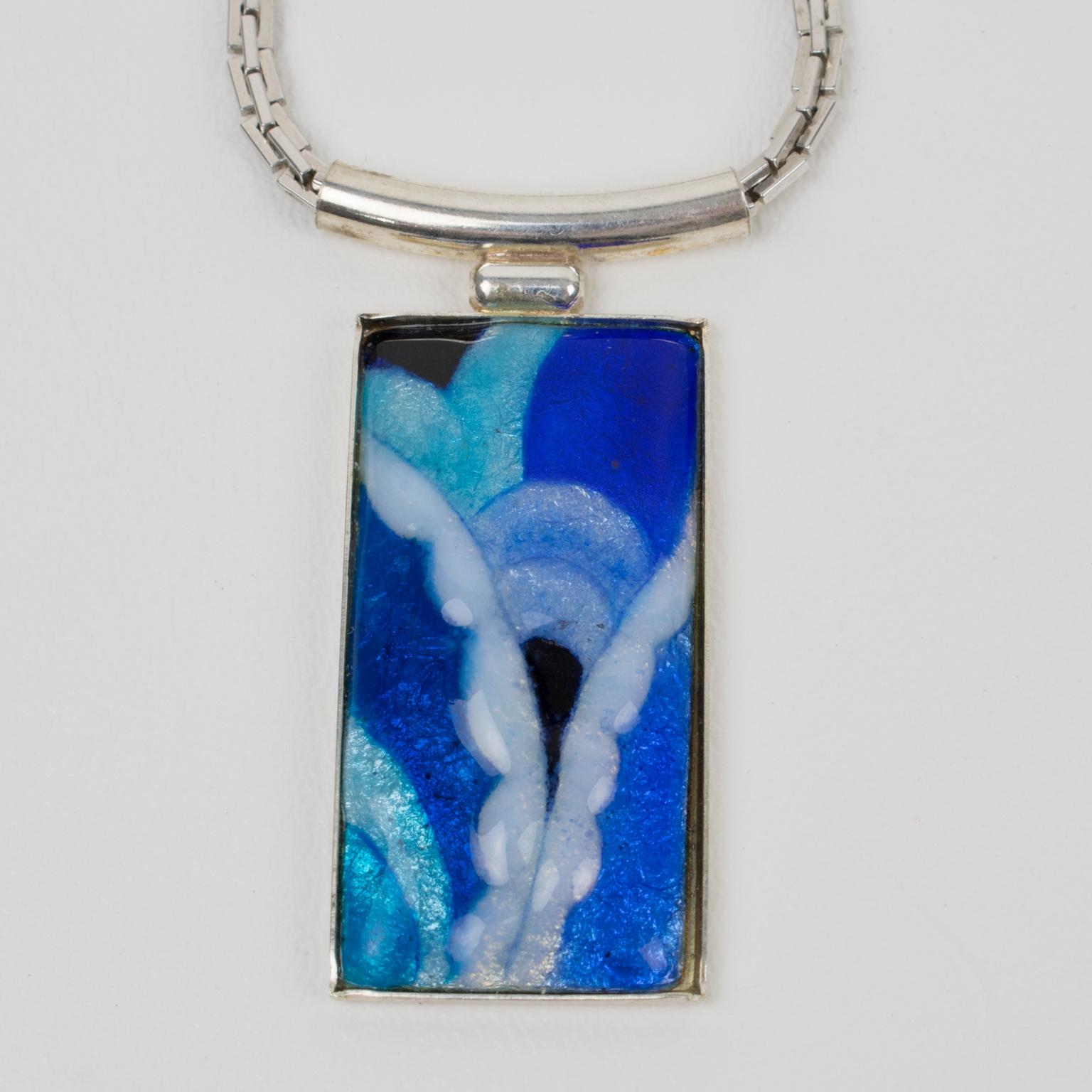 Art Deco Camille Faure Limoges School Blue Enamel Geometric Pendant Necklace For Sale