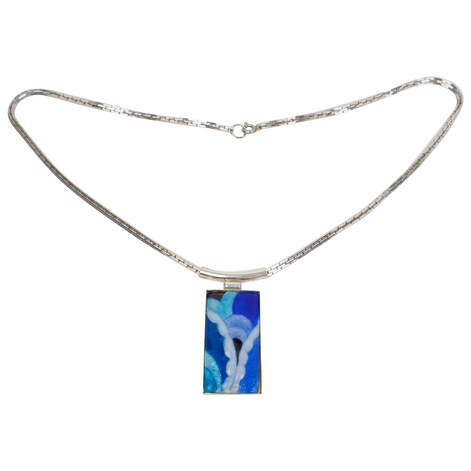 Camille Faure Limoges School Blue Enamel Geometric Pendant Necklace For Sale