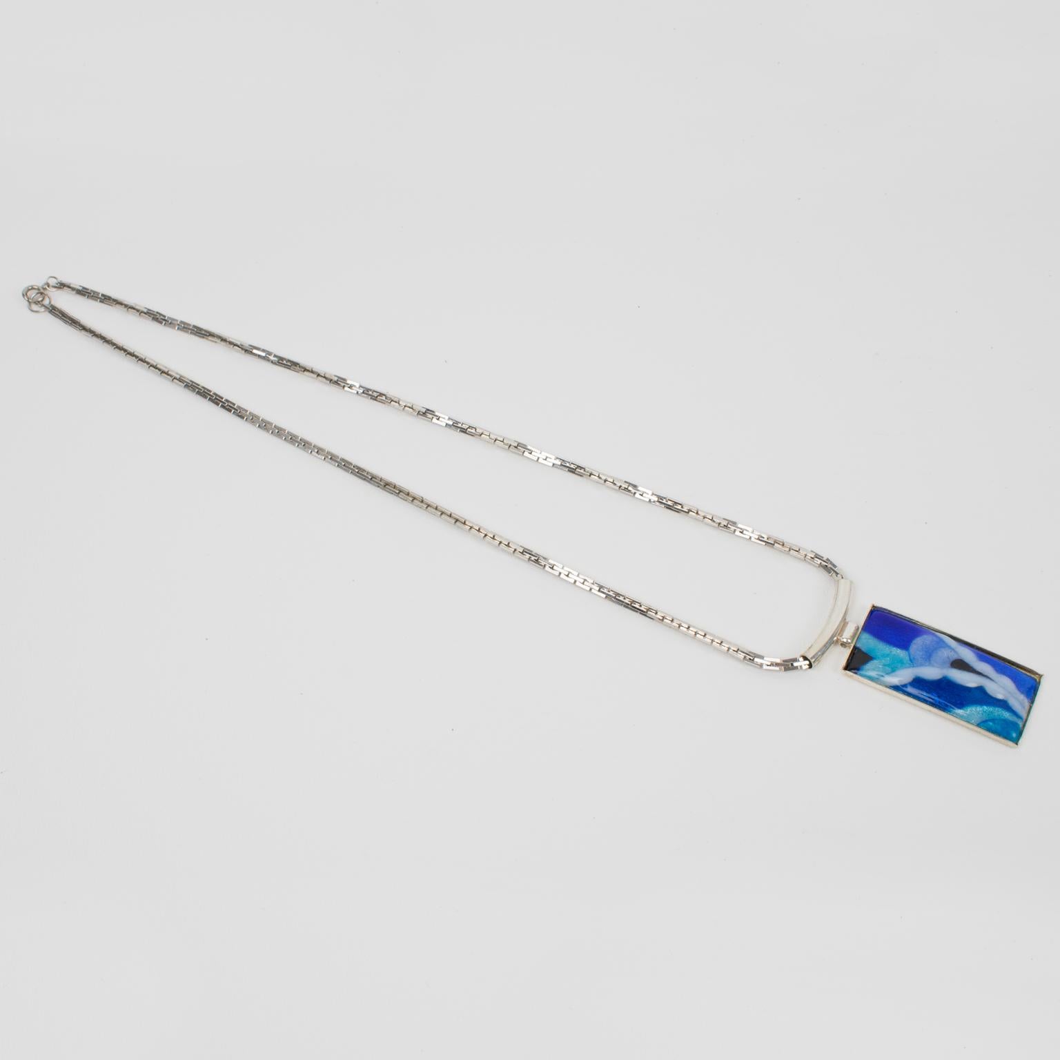 Art Deco Camille Faure School Limoges Blue Enamel Geometric Pendant Necklace For Sale