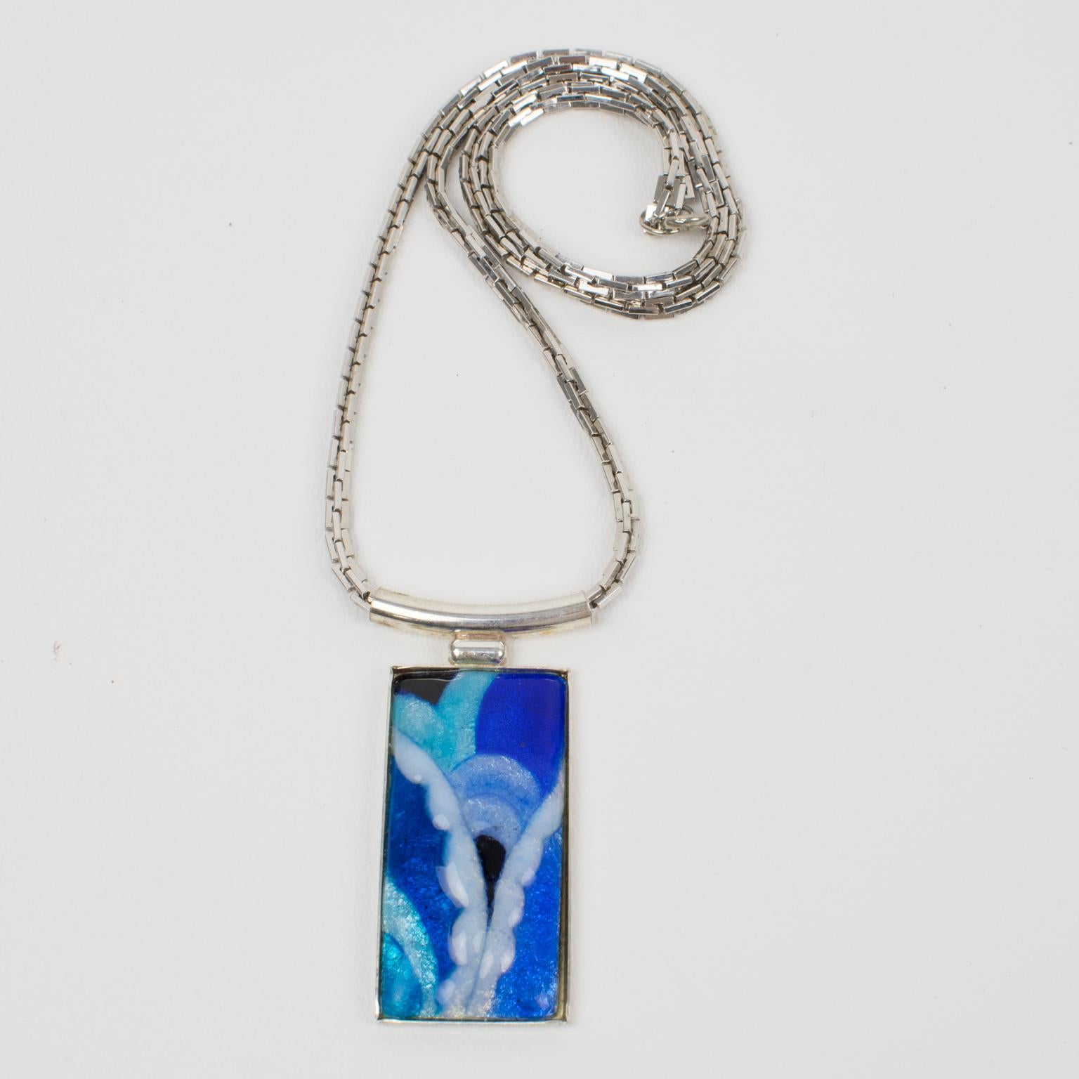 Camille Faure School Limoges Blue Enamel Geometric Pendant Necklace In Excellent Condition For Sale In Atlanta, GA