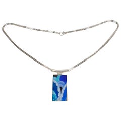 Camille Faure School Limoges Blue Enamel Geometric Pendant Necklace