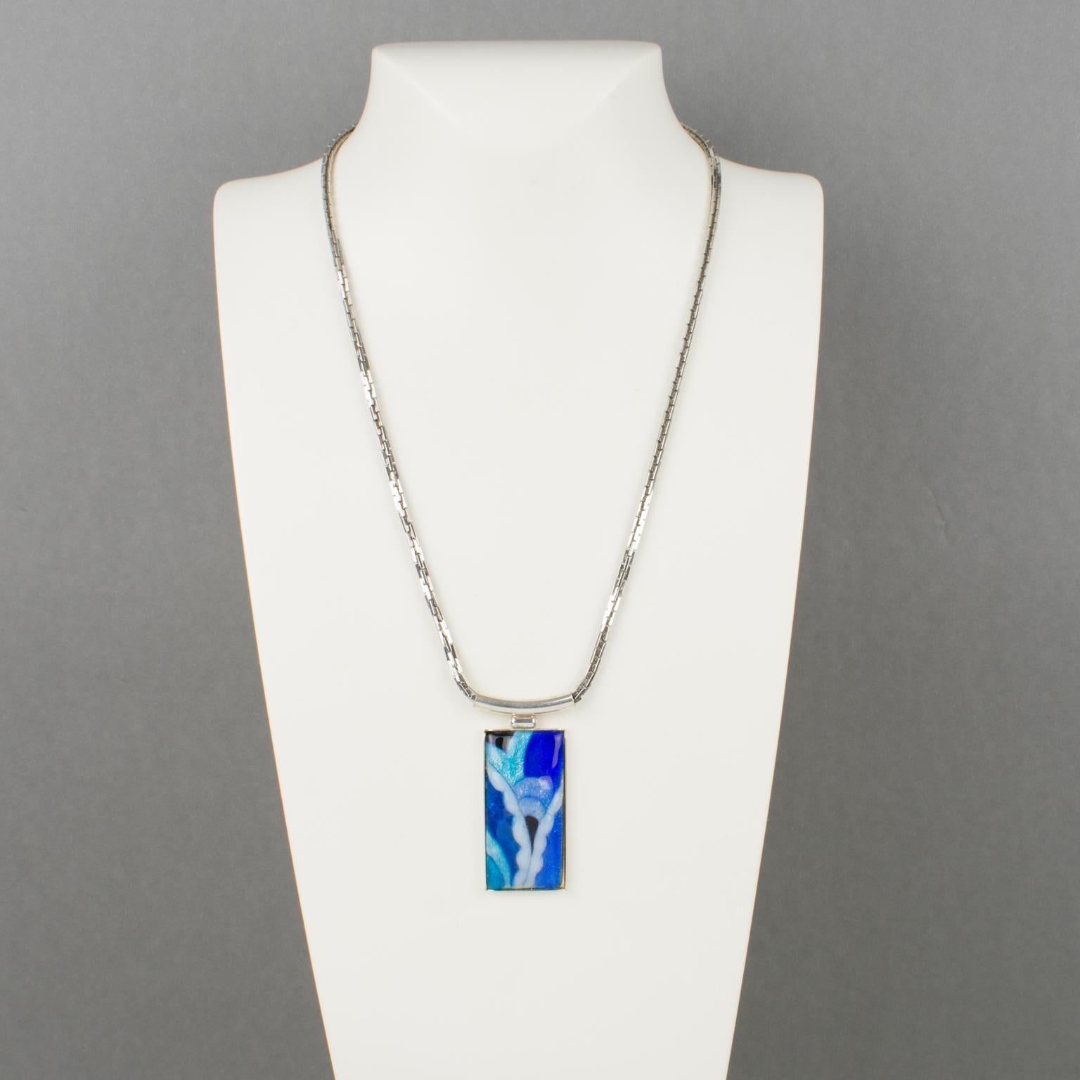 Art Deco Camille Faure School Limoges France Necklace with Blue Enamel Pendant For Sale