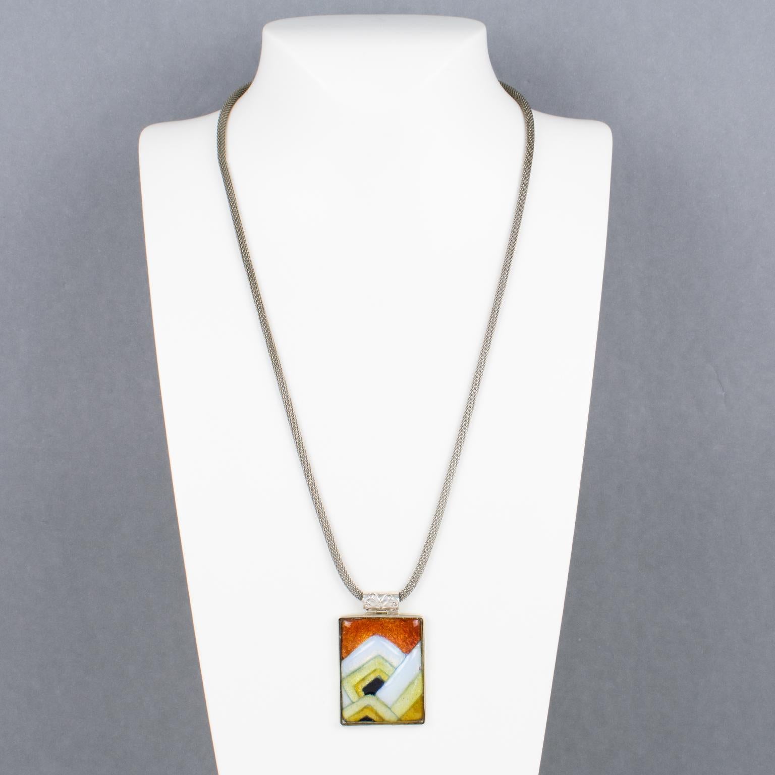 Art Deco Camille Faure School Limoges Orange and Yellow Enamel Geometric Pendant Necklace For Sale