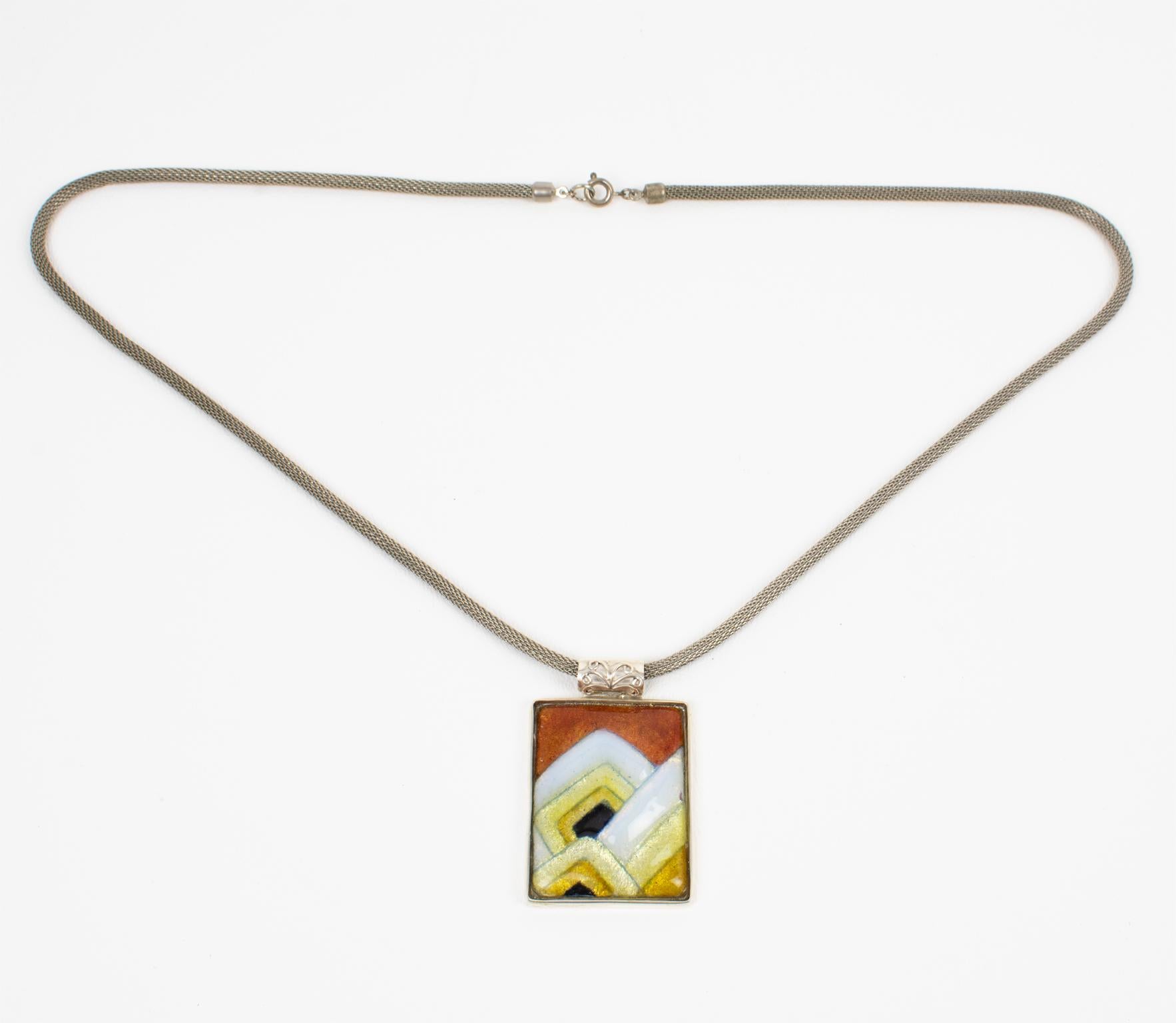 Camille Faure School Limoges Orange and Yellow Enamel Geometric Pendant Necklace In Good Condition For Sale In Atlanta, GA