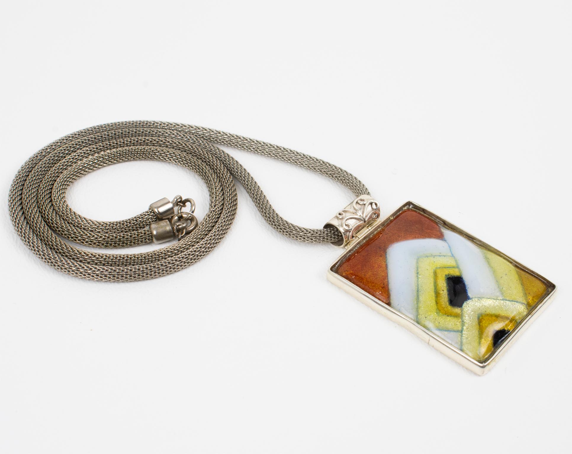 Camille Faure School Limoges Orange and Yellow Enamel Geometric Pendant Necklace For Sale 1