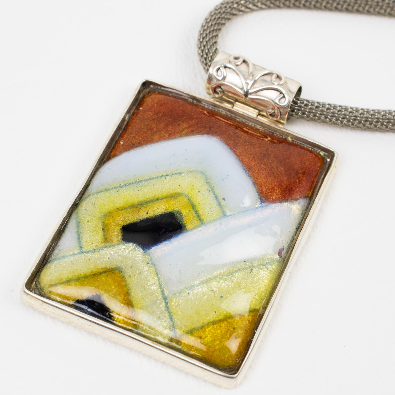 Camille Faure School Limoges Orange and Yellow Enamel Geometric Pendant Necklace For Sale 2