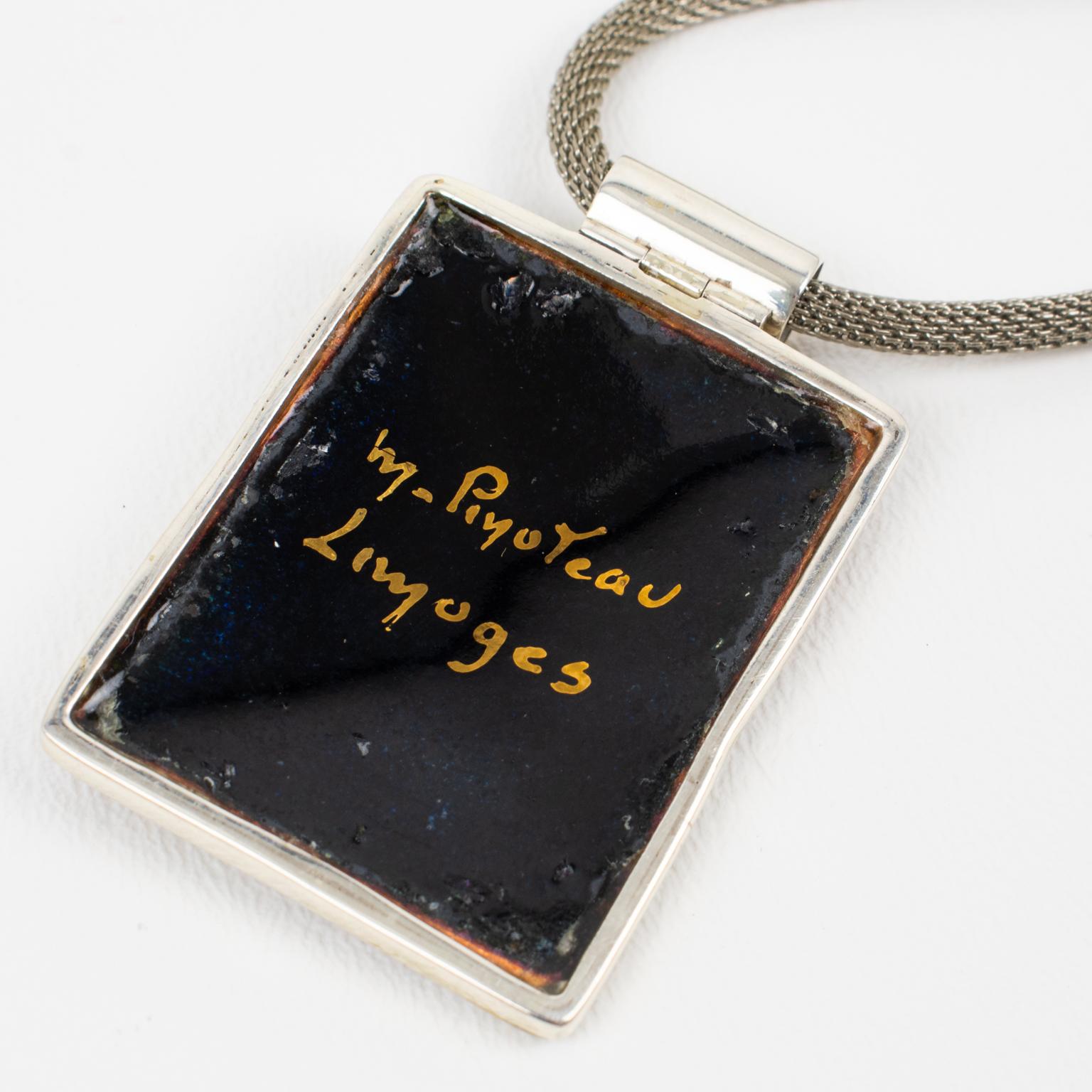 Collana con ciondolo geometrico in smalto giallo e arancione della Scuola Camille Faure di Limoges in vendita 3