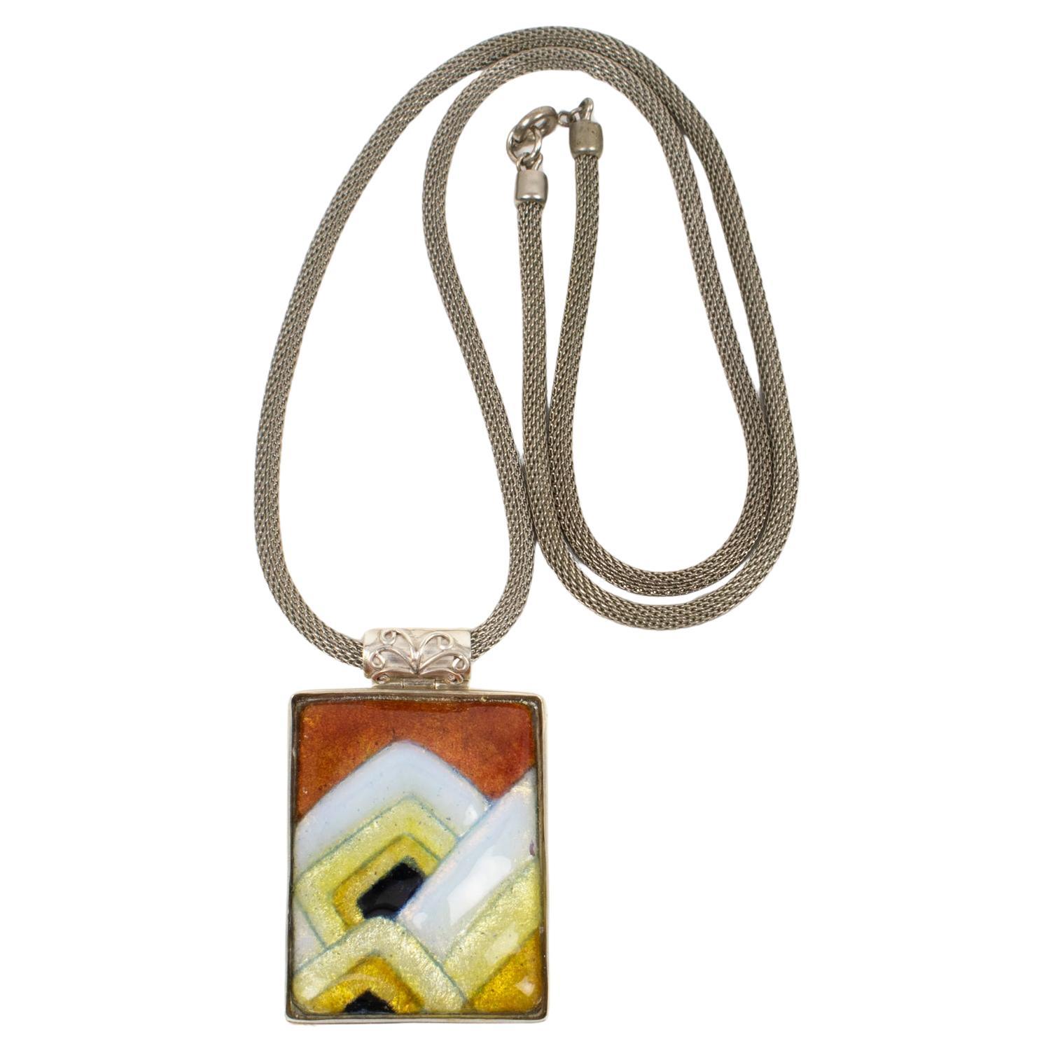 Camille Faure School Limoges Orange and Yellow Enamel Geometric Pendant Necklace For Sale