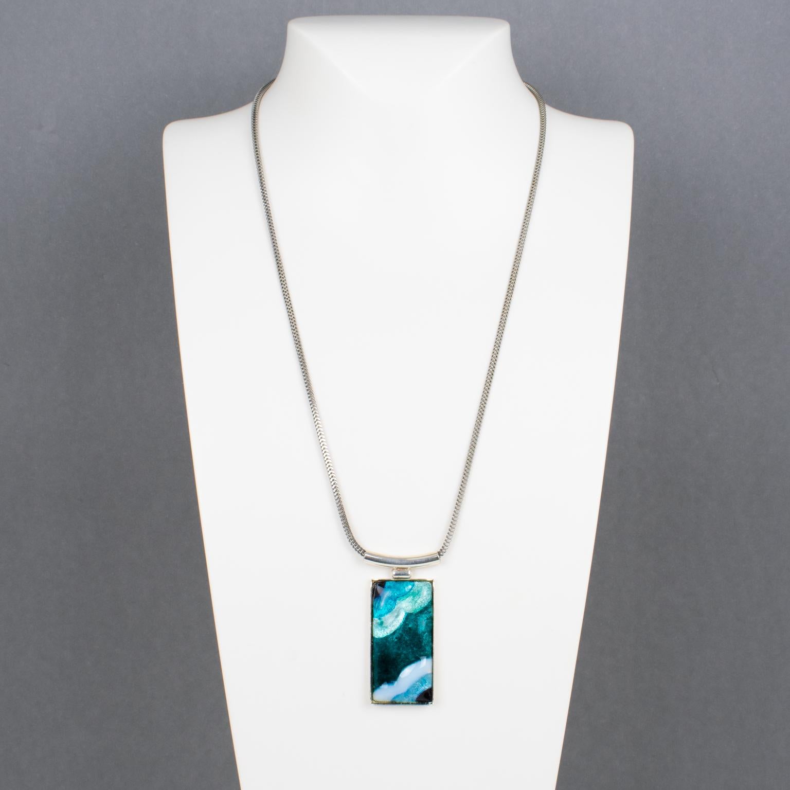 Art Deco Camille Faure School Limoges Turquoise Blue Enamel Geometric Pendant Necklace For Sale