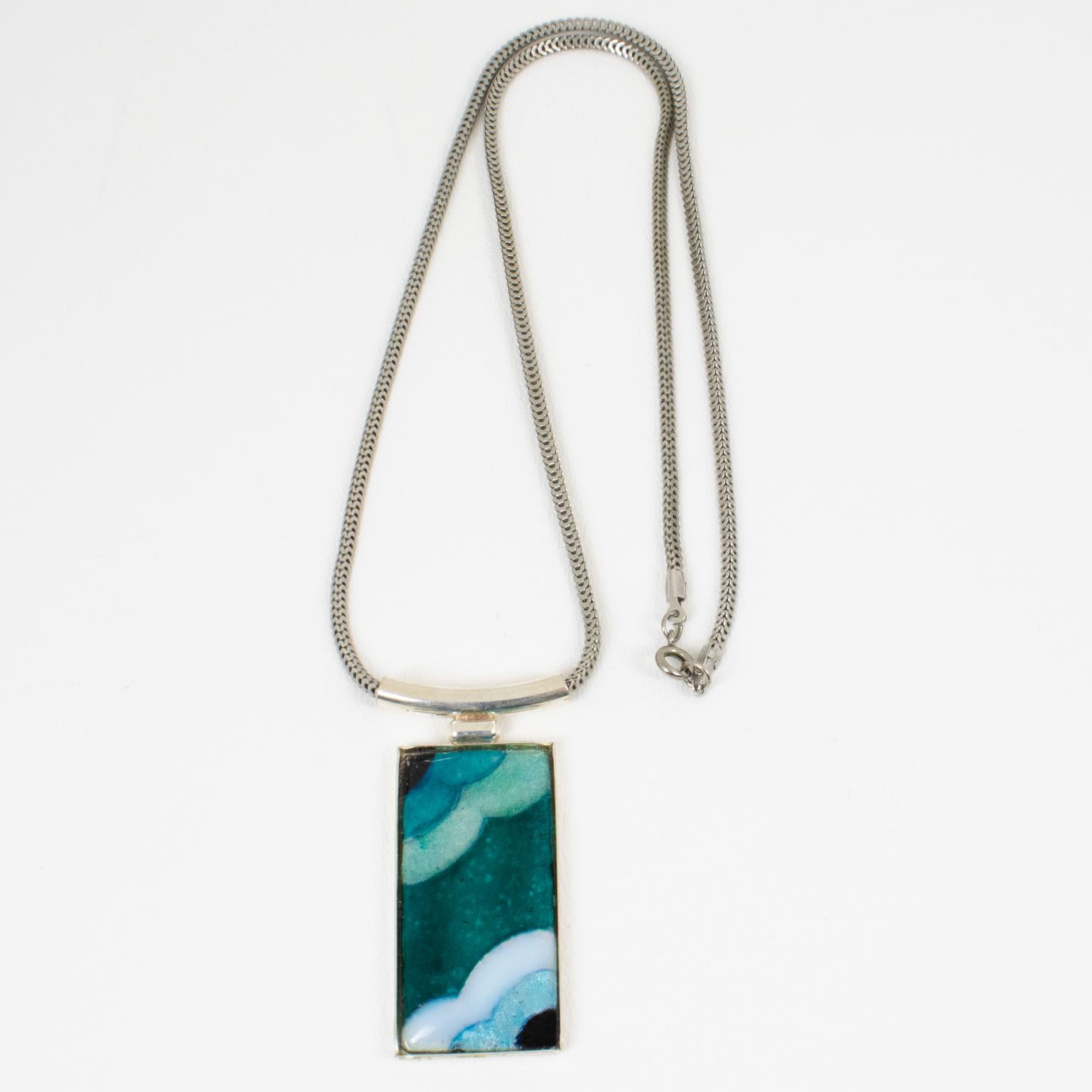 Camille Faure School Limoges Turquoise Blue Enamel Geometric Pendant Necklace In Excellent Condition For Sale In Atlanta, GA