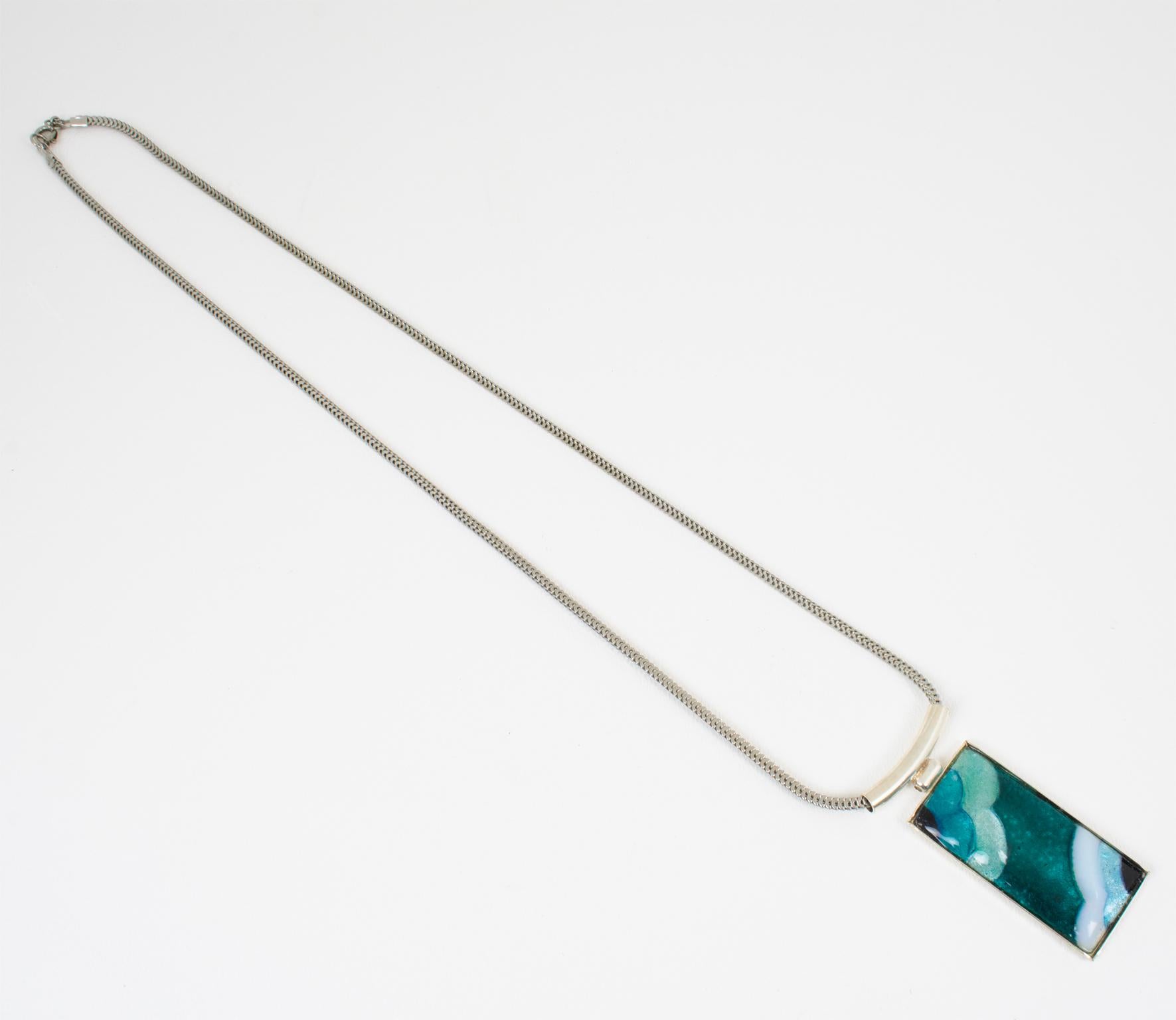 Women's or Men's Camille Faure School Limoges Turquoise Blue Enamel Geometric Pendant Necklace For Sale