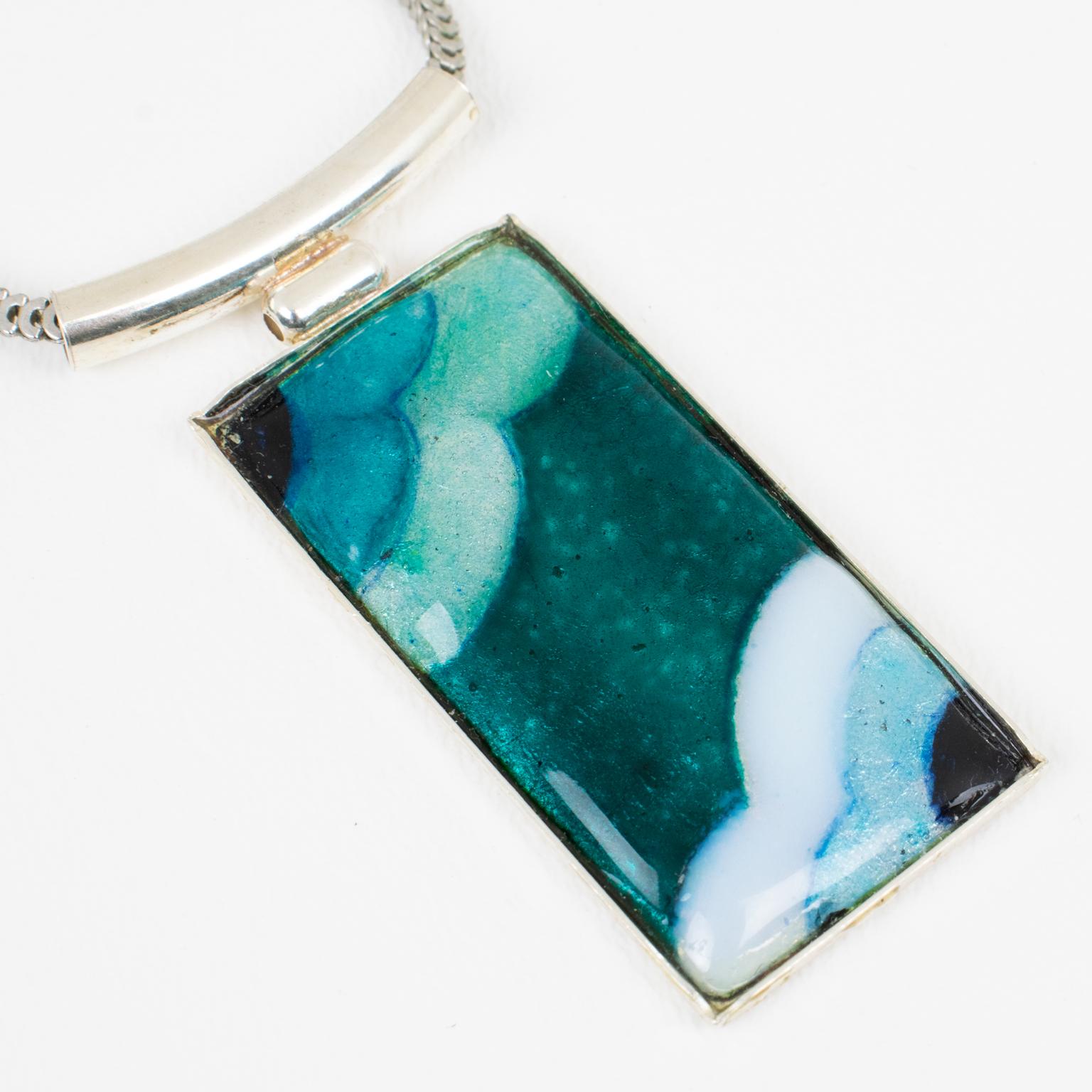 Camille Faure School Limoges Turquoise Blue Enamel Geometric Pendant Necklace For Sale 1