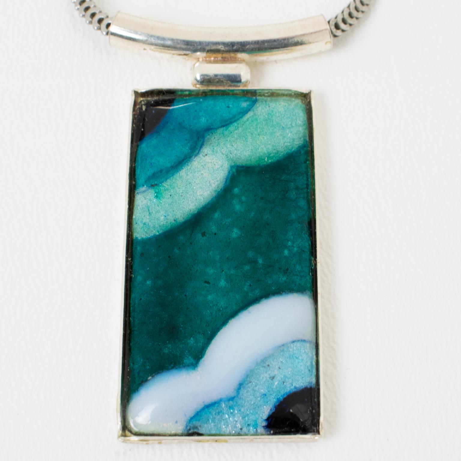 Camille Faure School Limoges Turquoise Blue Enamel Geometric Pendant Necklace For Sale 2