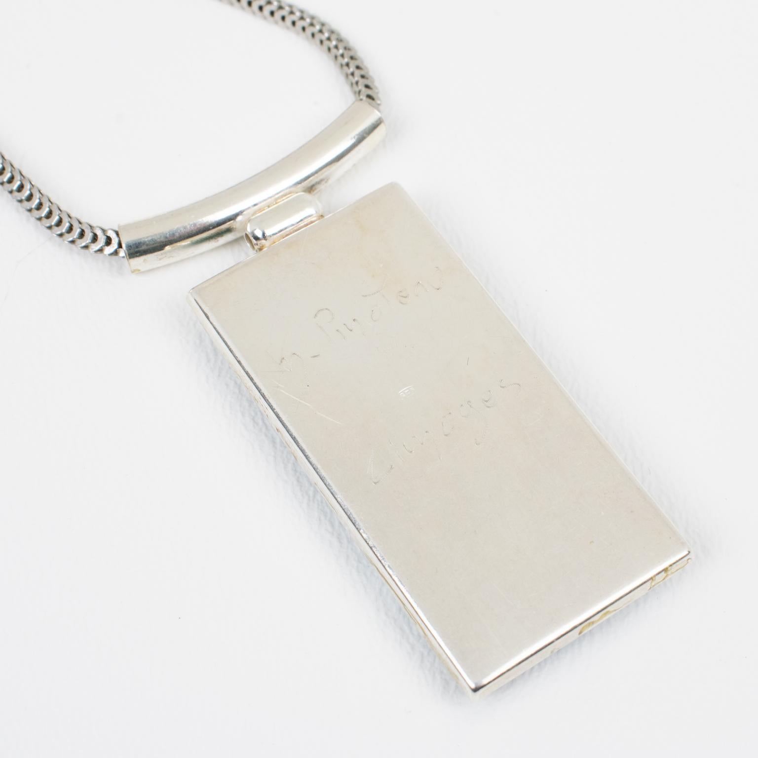 Camille Faure School Limoges Turquoise Blue Enamel Geometric Pendant Necklace For Sale 3