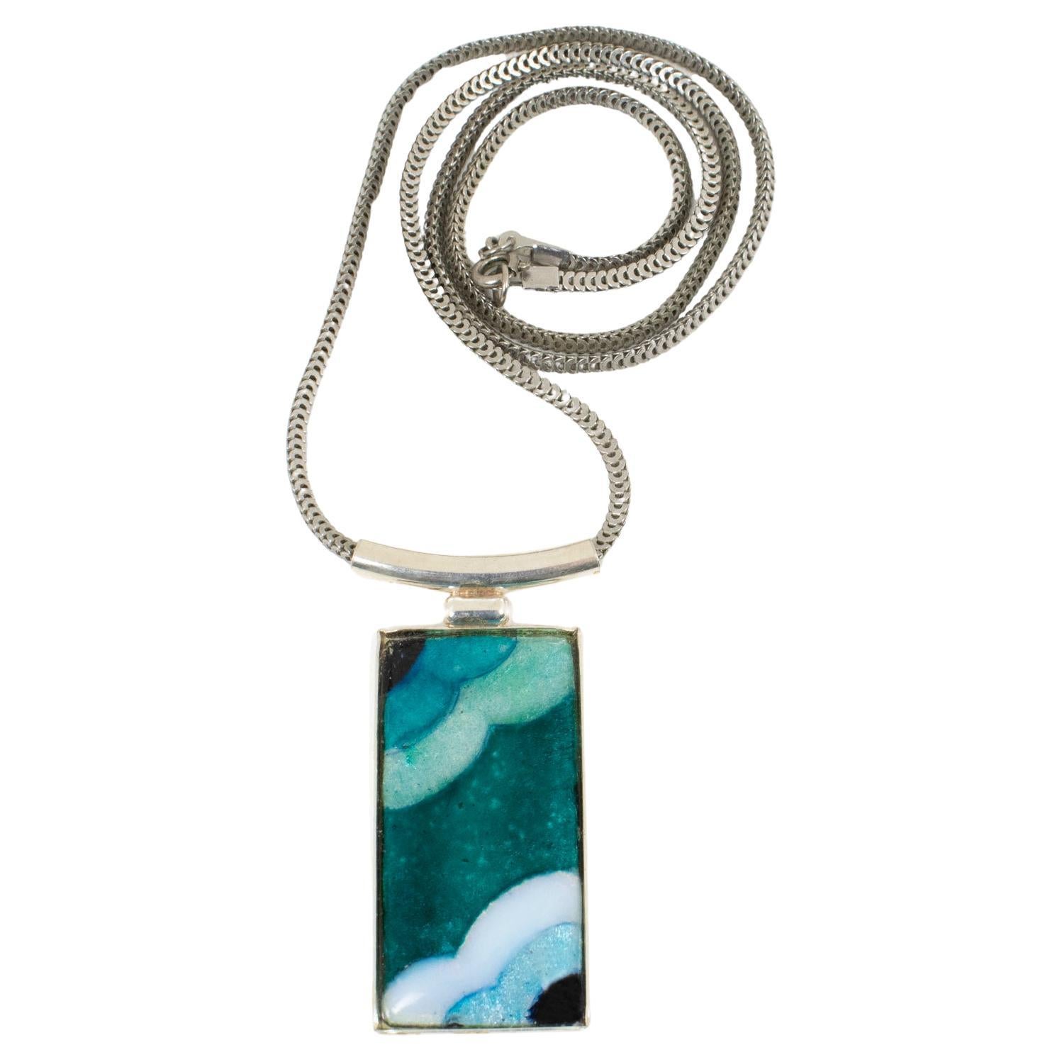 Camille Faure School Limoges Turquoise Blue Enamel Geometric Pendant Necklace For Sale