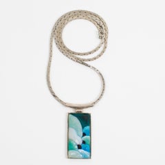 Camille Faure School Limoges Turquoise Green Enamel Geometric Pendant Necklace