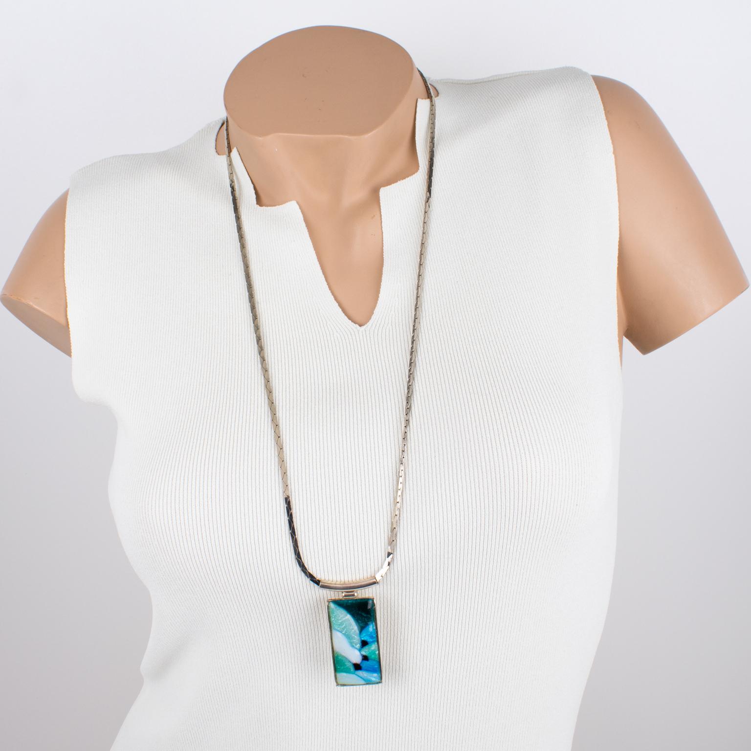 Art Deco Camille Faure School Limoges Turquoise Green Enamel Geometric Pendant Necklace For Sale