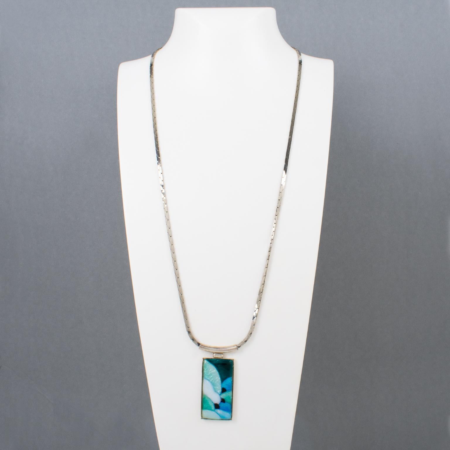 Women's or Men's Camille Faure School Limoges Turquoise Green Enamel Geometric Pendant Necklace For Sale