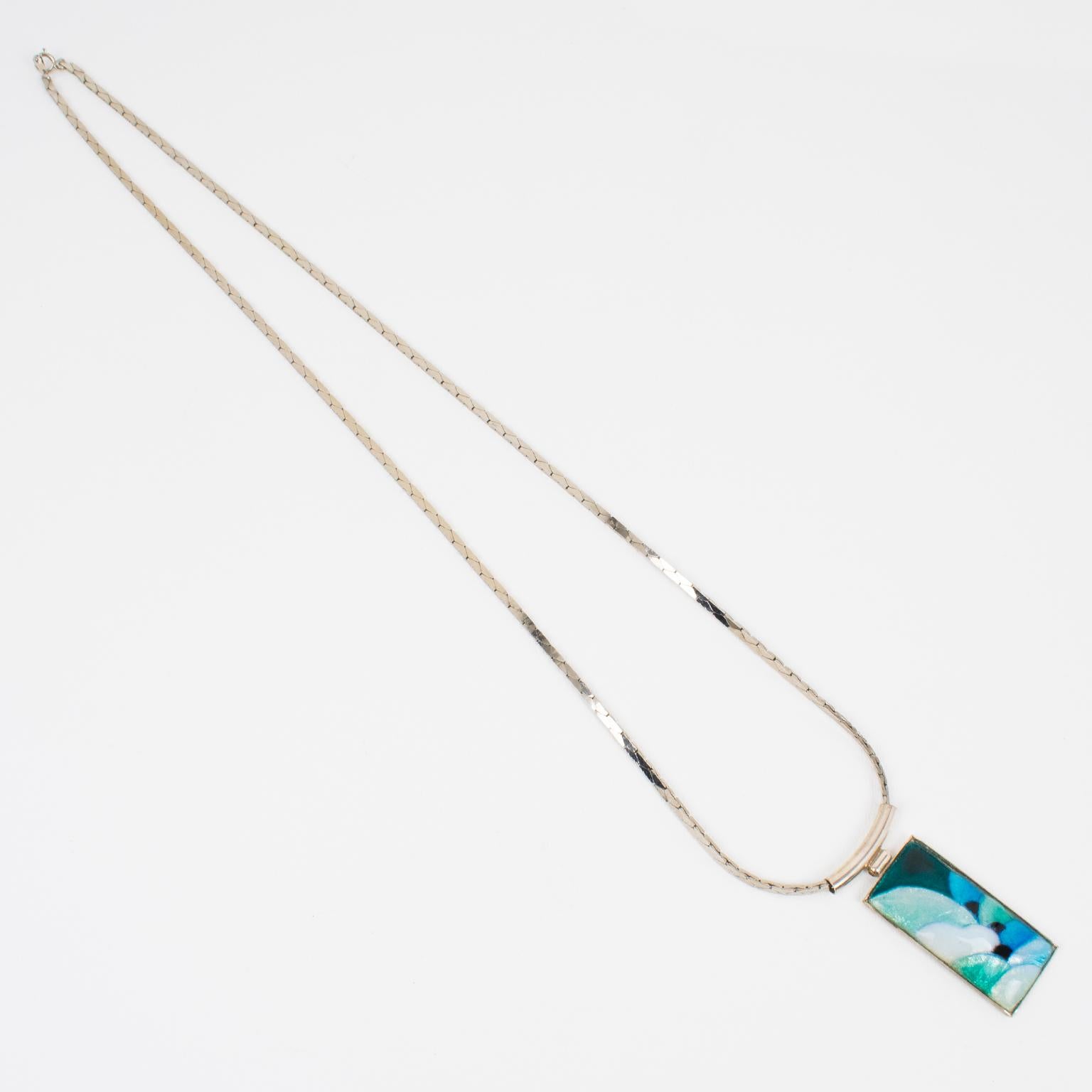 Camille Faure School Limoges Turquoise Green Enamel Geometric Pendant Necklace For Sale 1