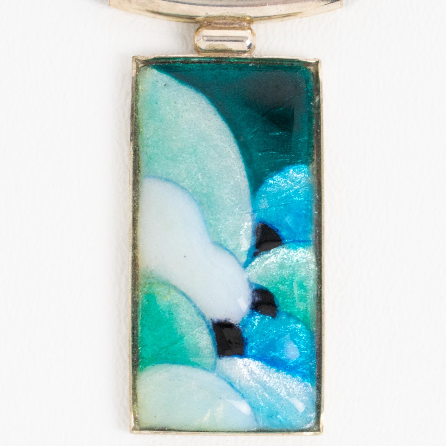 Camille Faure School Limoges Turquoise Green Enamel Geometric Pendant Necklace For Sale 2