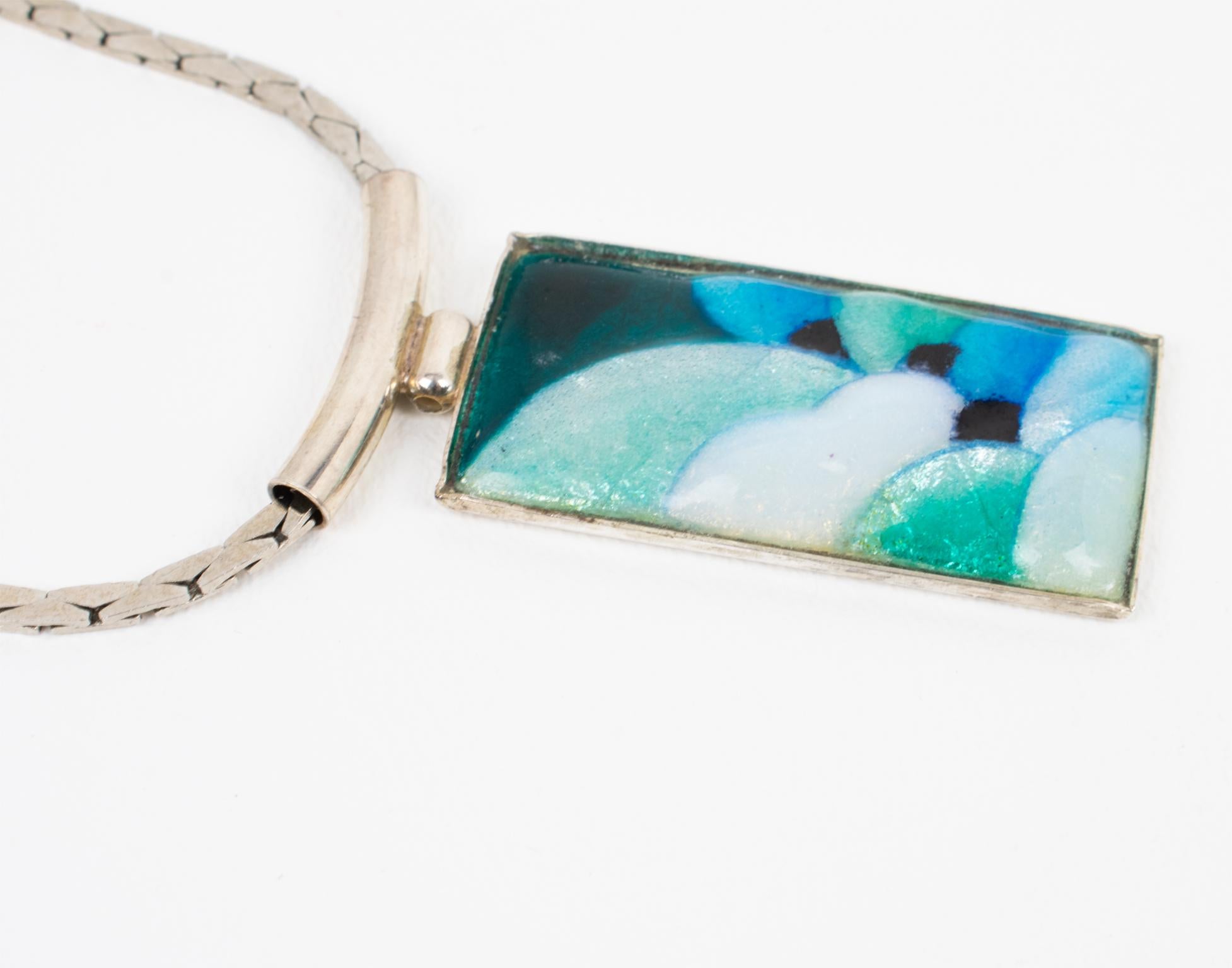 Camille Faure School Limoges Turquoise Green Enamel Geometric Pendant Necklace For Sale 3