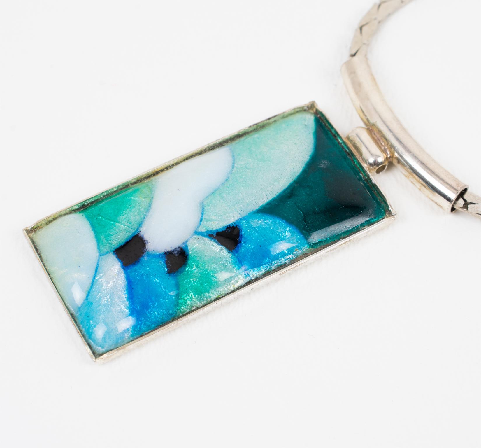 Camille Faure School Limoges Turquoise Green Enamel Geometric Pendant Necklace For Sale 4