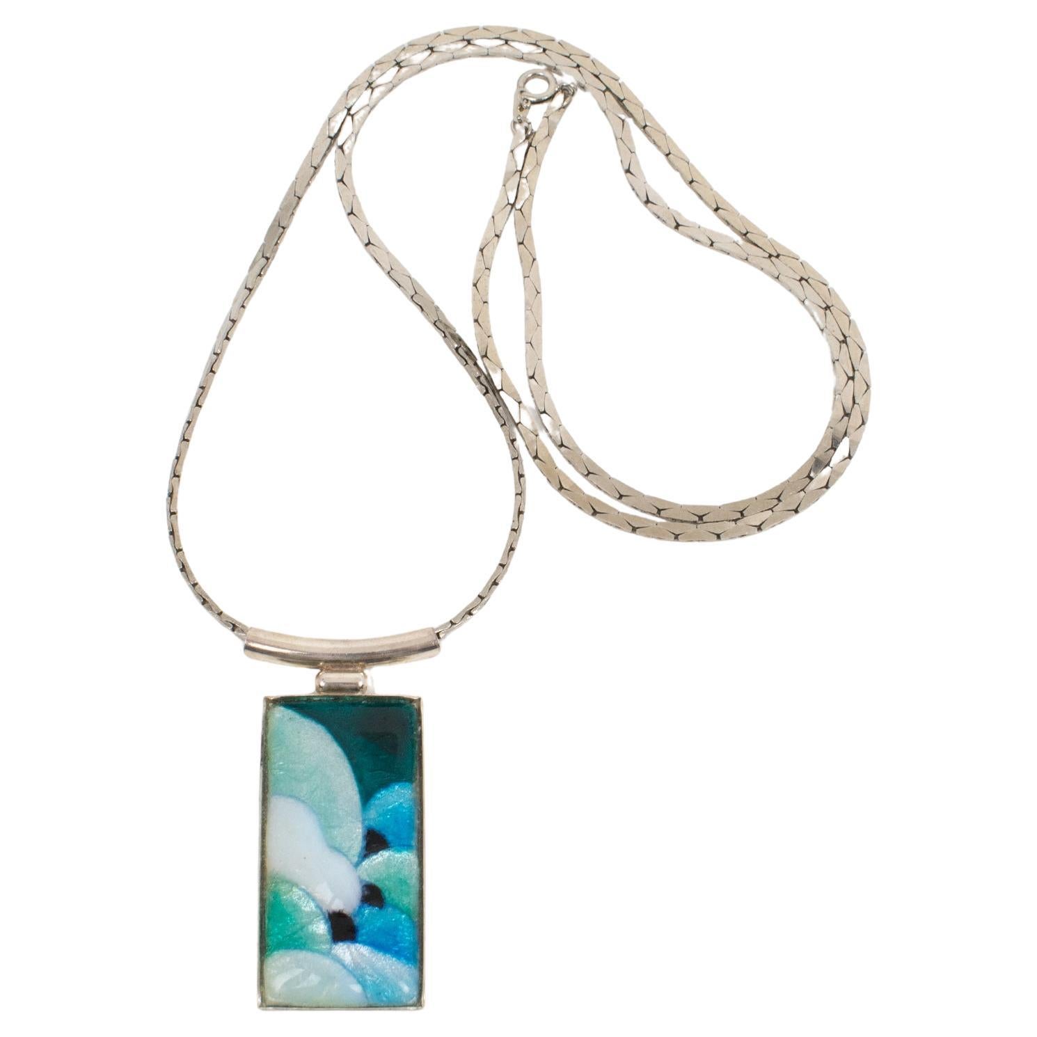 Camille Faure School Limoges Turquoise Green Enamel Geometric Pendant Necklace For Sale