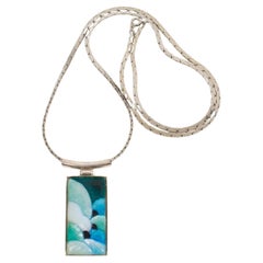 Camille Faure School Limoges Turquoise Green Enamel Geometric Pendant Necklace