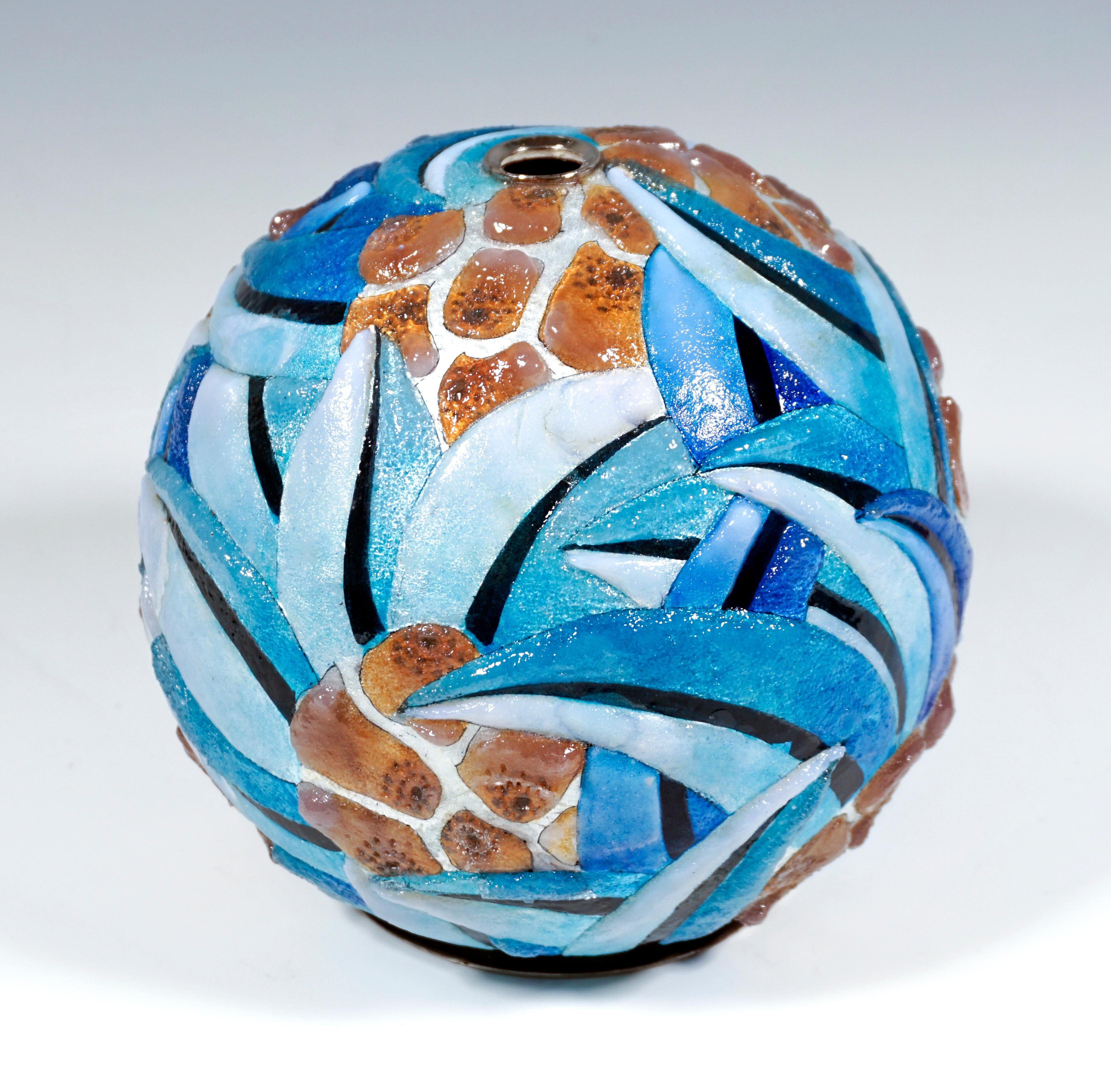 Camille Fauré, Spherical Art Déco Enamel Vase with Ornamental Decor, France 1925 In Good Condition For Sale In Vienna, AT